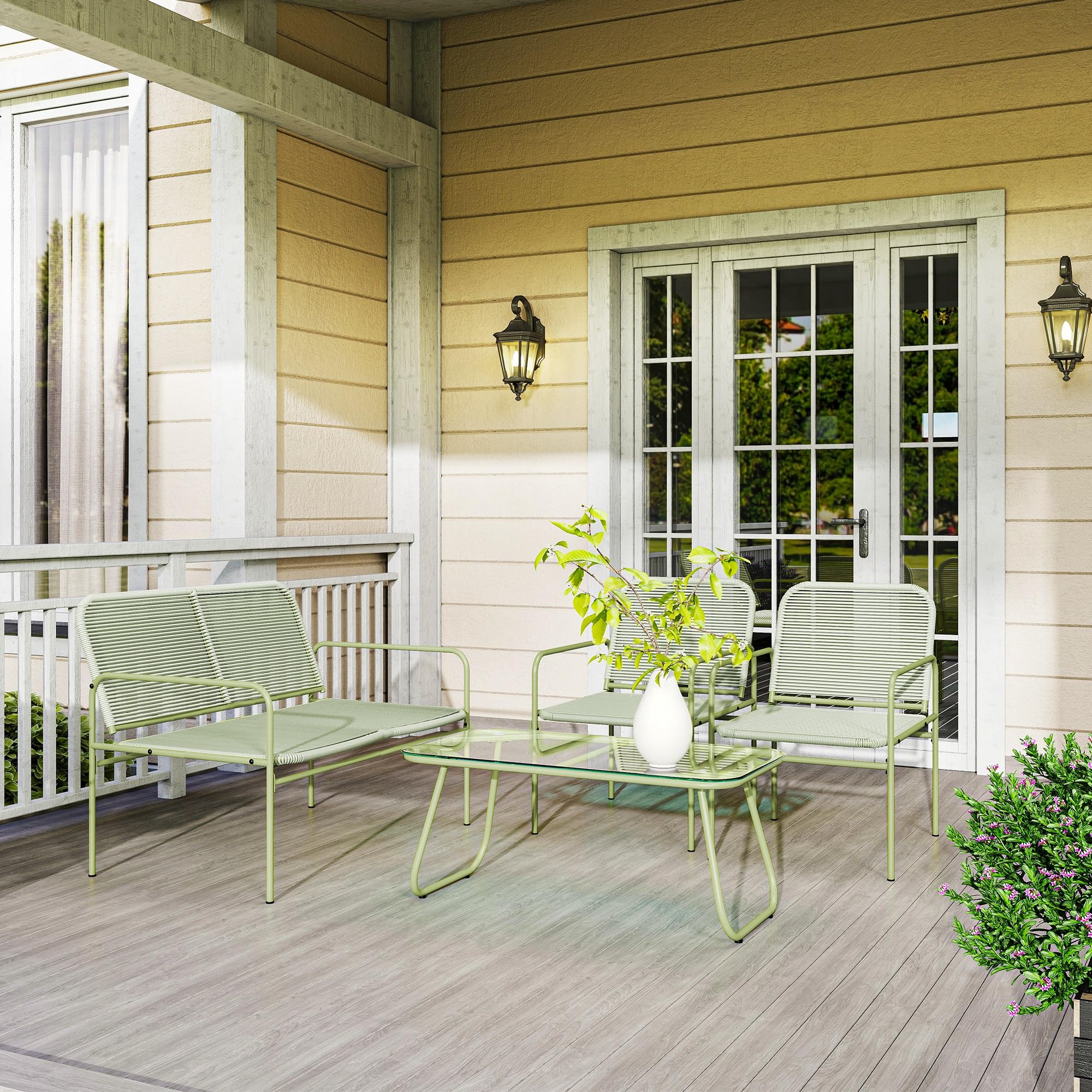 Outsunny Set Mobili Giardino Rattan 4 Pezzi Salotto Esterno Divanetto 2 Posti Poltrone Tavolino Caffè Vetro Verde