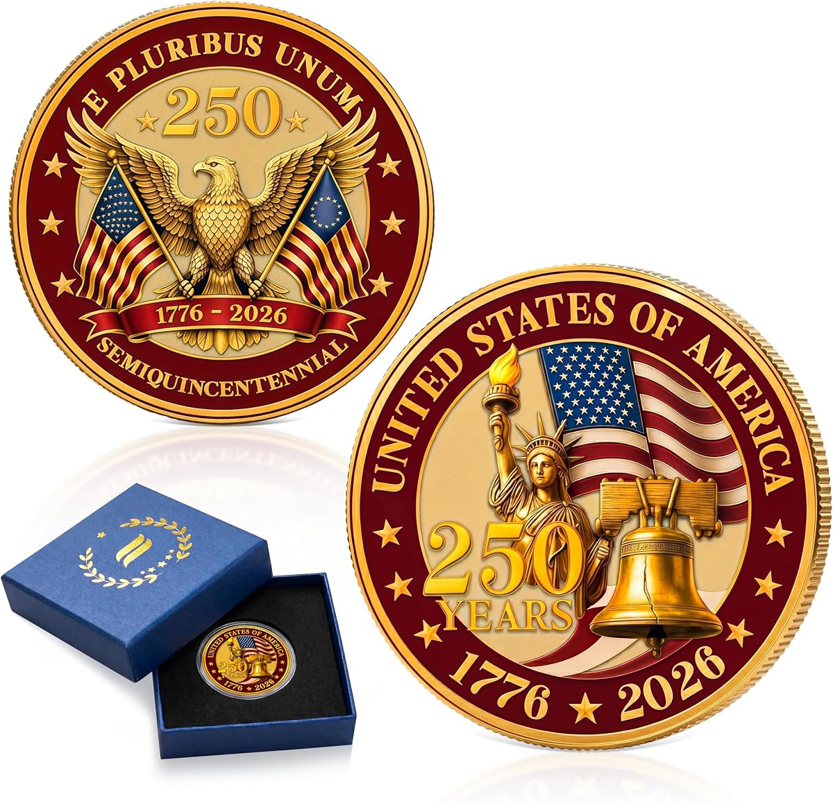 Moneda conmemorativa del 250 aniversario de FLAGWIX USA, diseño de libertad y águila | Moneda conmemorativa del 250.º aniversario de EE. UU., semiquincentenario de 1776 a 2026, diseño de la Estatua de la Libertad y el águila
