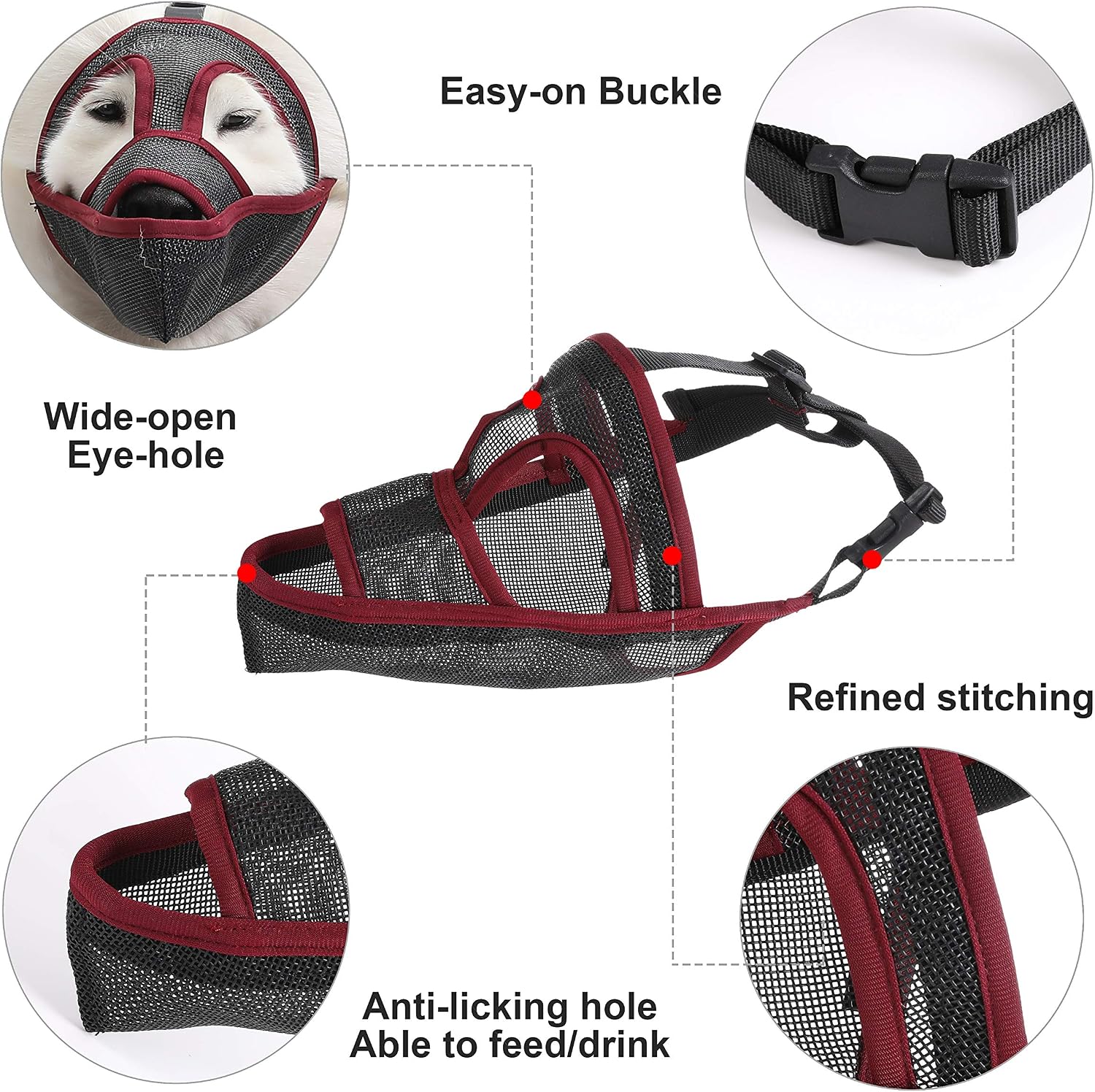 Mayerzon Dog Muzzle, Breathable Mesh Muzzle for Biting, Licking Wound and Unwanted Chewing, 6 Sizes for Small, Medium and Large Dogs, Able to Drink and Feed (S, Black-Red)