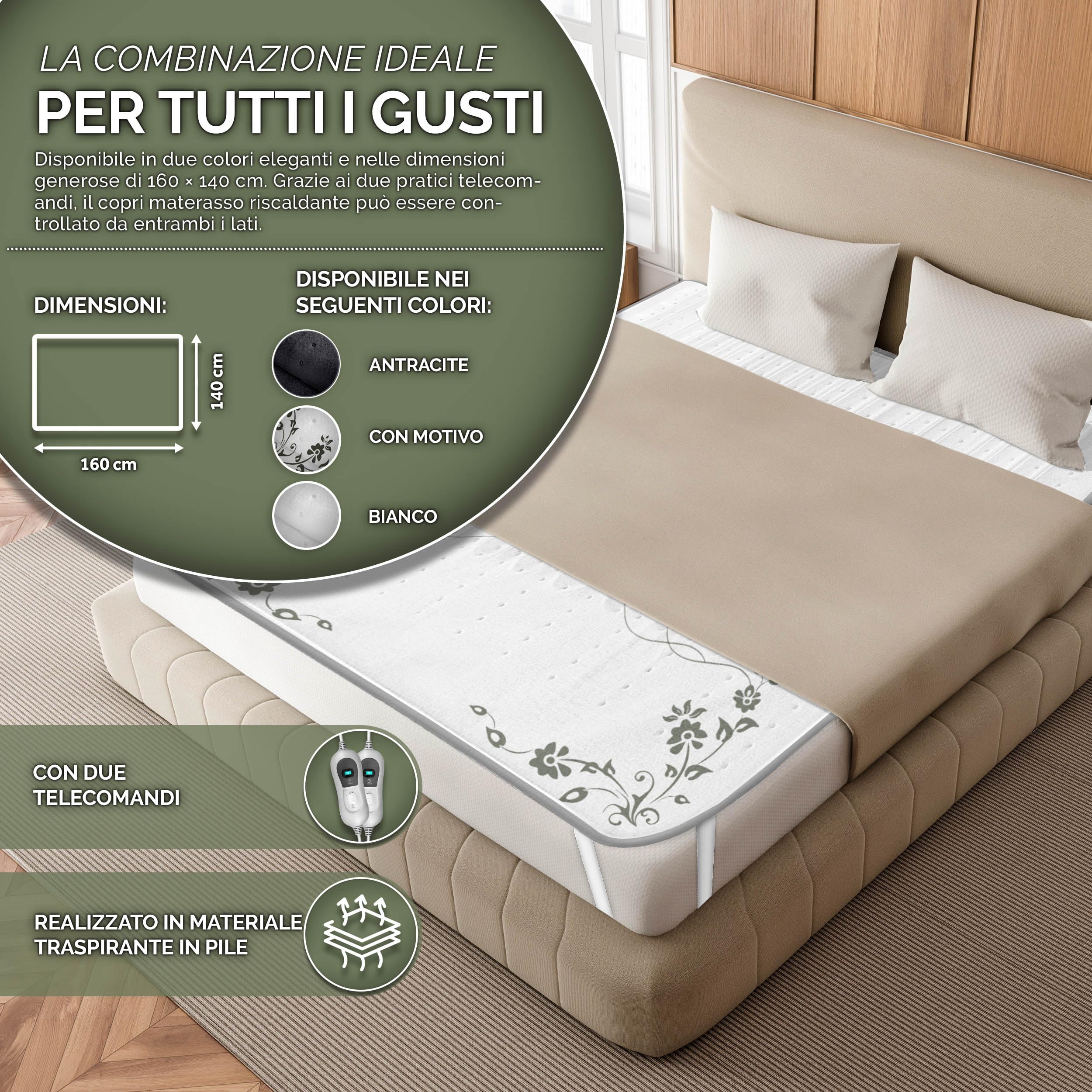 sinnlein Sottocoperta Elettrica Termica 160 x 140 cm con 2 Zone Termiche & Spegnimento Automatico | Coperta Riscaldante con 3 livelli di Temperatura | Copertina Riscaldata per il Letto