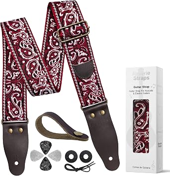 Ruiyang Bohemian Guitar Strap with Pick Holder & Picks, Quality Brown Leather Ends for Acoustic Folk & Classical Guitars