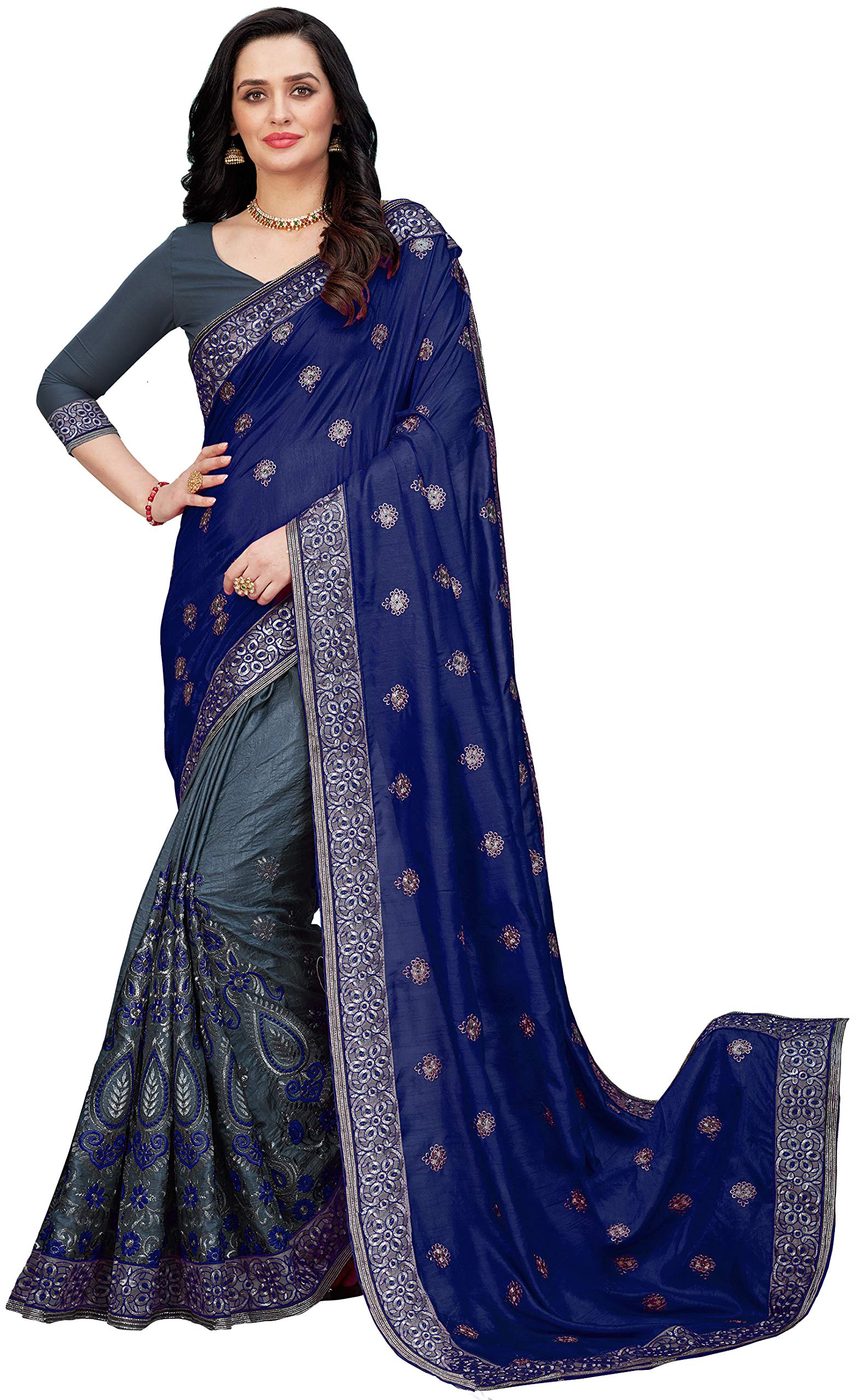 Trilok fab Women's Embroidered silk Saree With Blouse Piece