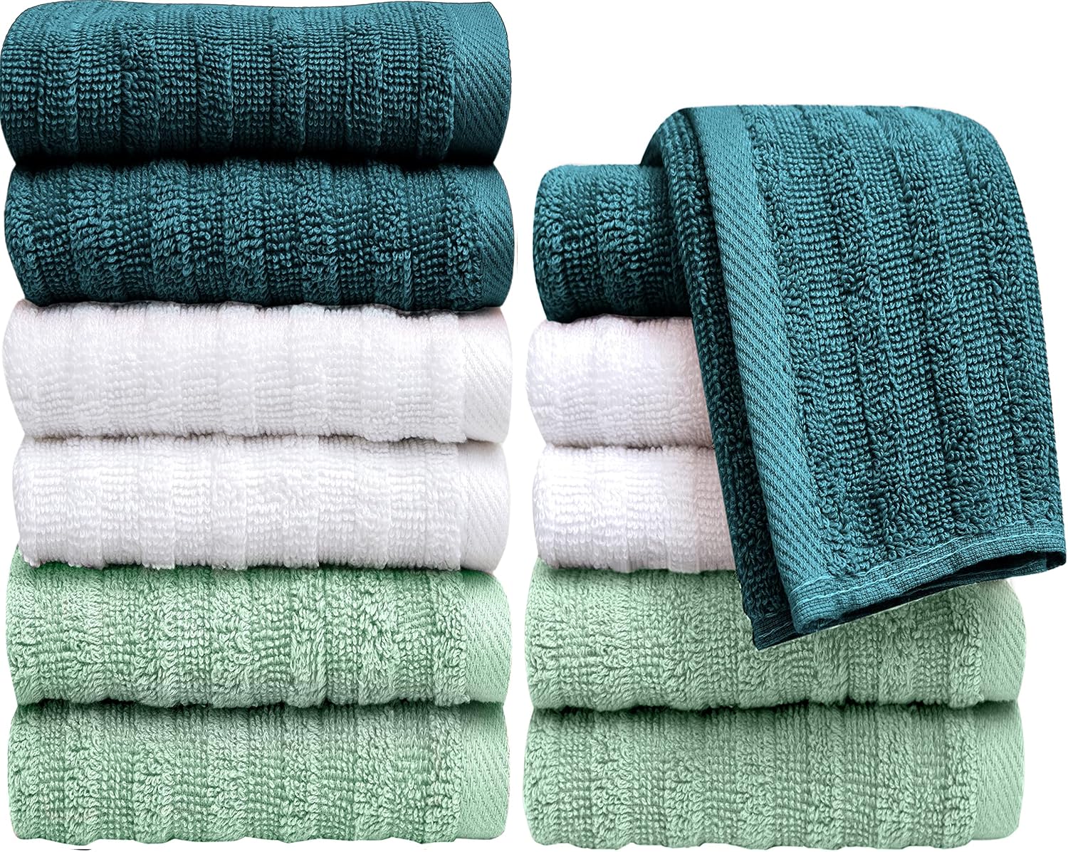 Pleasant Home Set of 12 Luxuriously Soft Washcloth - 12” x 12” Facial Towels for Bathroom – 488 GSM Ultra Absorbent 100% Ring Spun Cotton Wash Cloth - Striped Design, Mint & Green Combo
