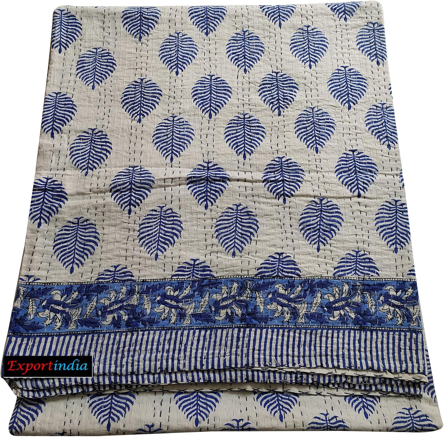 Indian Hand Block Blue Leaf Printed Kantha Quilt Flat Bedsheet Pure Cotton Kantha Quilt King Size Sofa Cover Kantha Handmade Blanket Throw Bedding