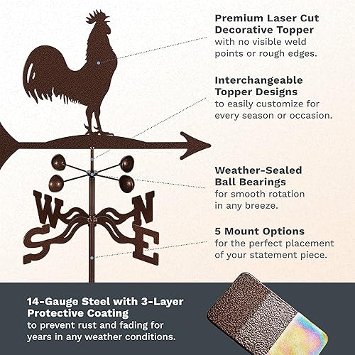 Miniatura 3 de EZ Vane - Veleta de gallo de acero de 80 pulgadas de altura, incluye soporte de jardín de metal, vasos de viento y soportes, hecho a mano y de