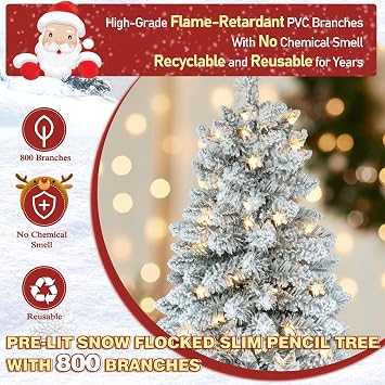 BlueWish 7.5FT Artificial Slim Christmas Tree with 300 LED Lights, Pre-lit Pencil Christmas Tree Flocked Full Xmas Tree with 800 Branch Tips, Foldable Base and Metal Hinges, for Holiday Decoration