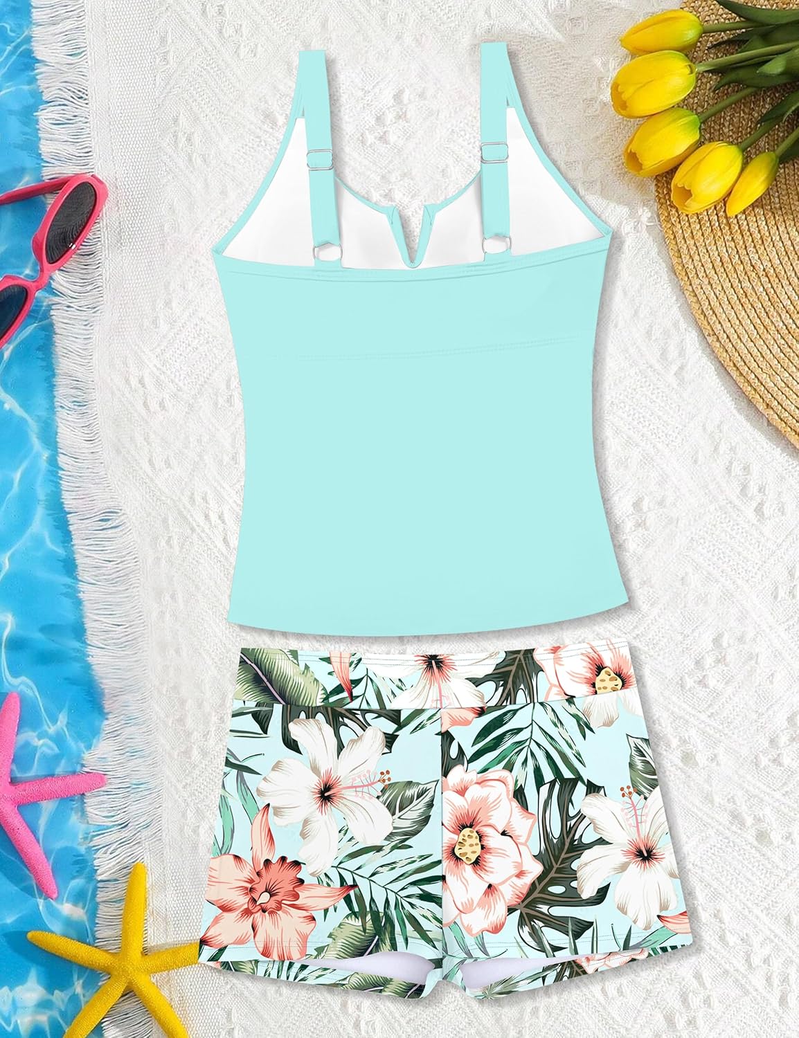 Girls Swimsuit V-Neck Cutout Tankini Tropical Print Swimwear with Shorts 2 Piece Bathing Suit for Girls 7-16Y - Image 6