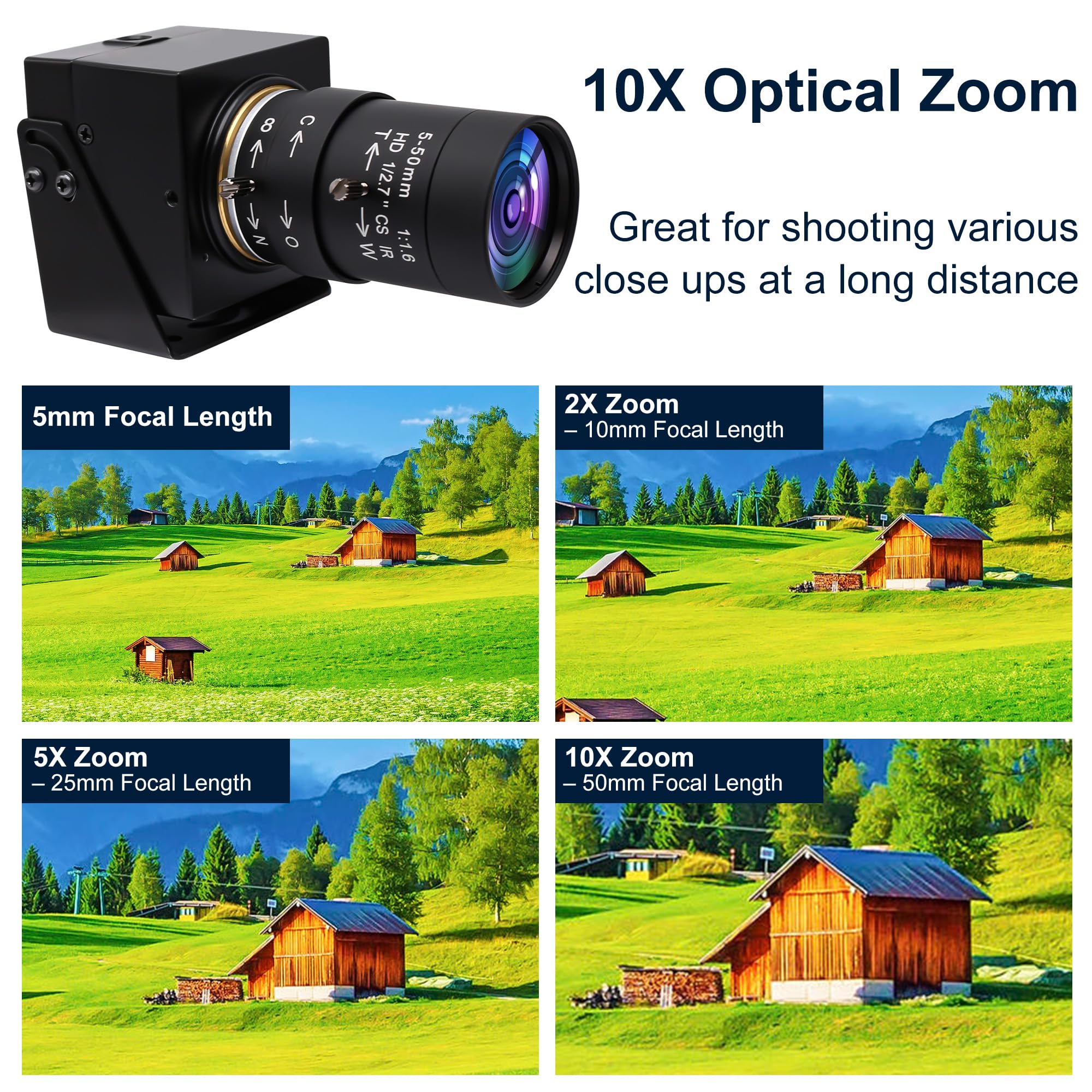 Svpro 8MP USB Webcam mit 10X-Zoom-Objektiv 5-50mm CS Mount - Varifokale Kamera für Laptop, PC, Computer, Plug and Play UVC 2448P