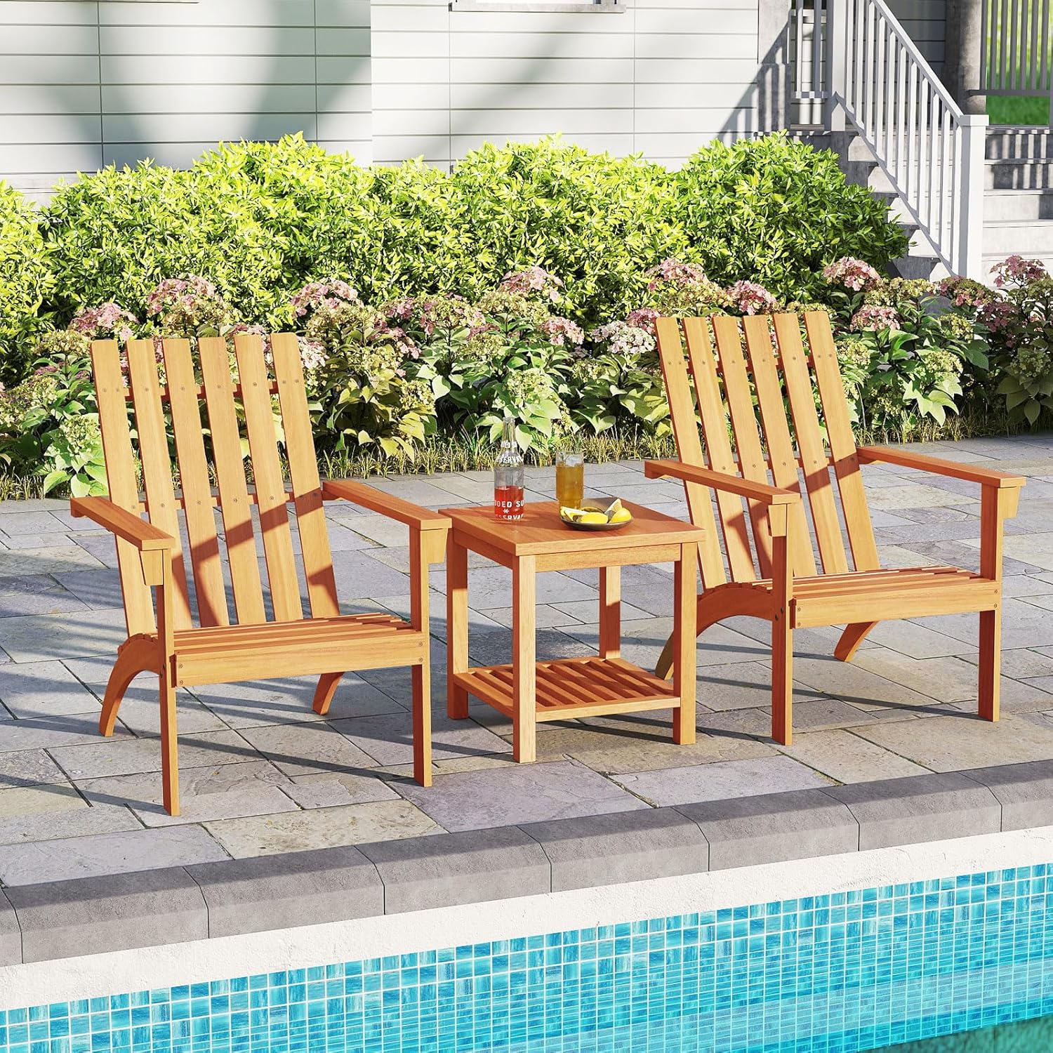 Tangkula Outdoor Adirondack Chair, Solid Acacia Wood Fire Pit Chair with Inclined Backrest, Curved Seat & Wide Armrests, Wooden Lawn Chair for Porch, Patio, Garden, Backyard, Deck (1, Natural)