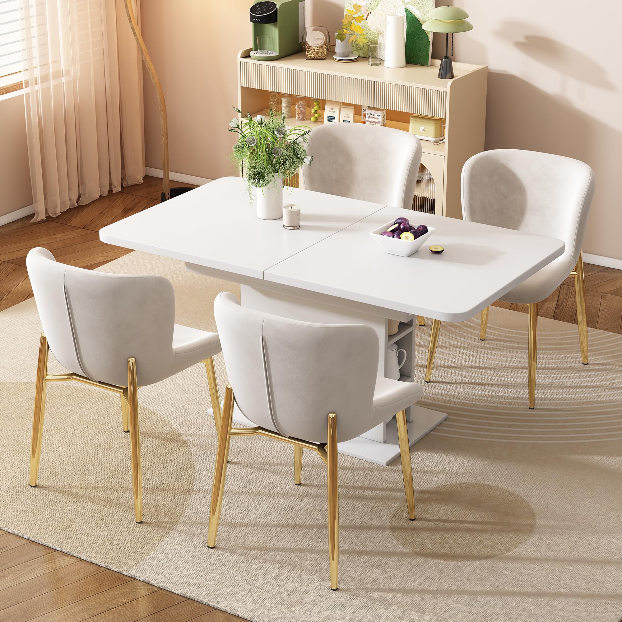 Silla de comedor terciopelo beige patas doradas