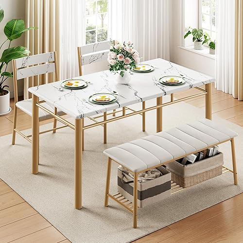 Miniatura 3 de Conjunto de mesa de comedor IRONCK para 4, mesa de cocina con banco tapizado y 2 sillas, juego de mesa y sillas de cocina para espacios pequeños,