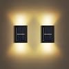 Solar Wall Lights Small Fence Lights Solar Powered 2 Pack LED Porch Light, Luces Solares para Exteriores, Exterior Light Fixture Christmas Lights Holiday Decor (Warm White Lighting)