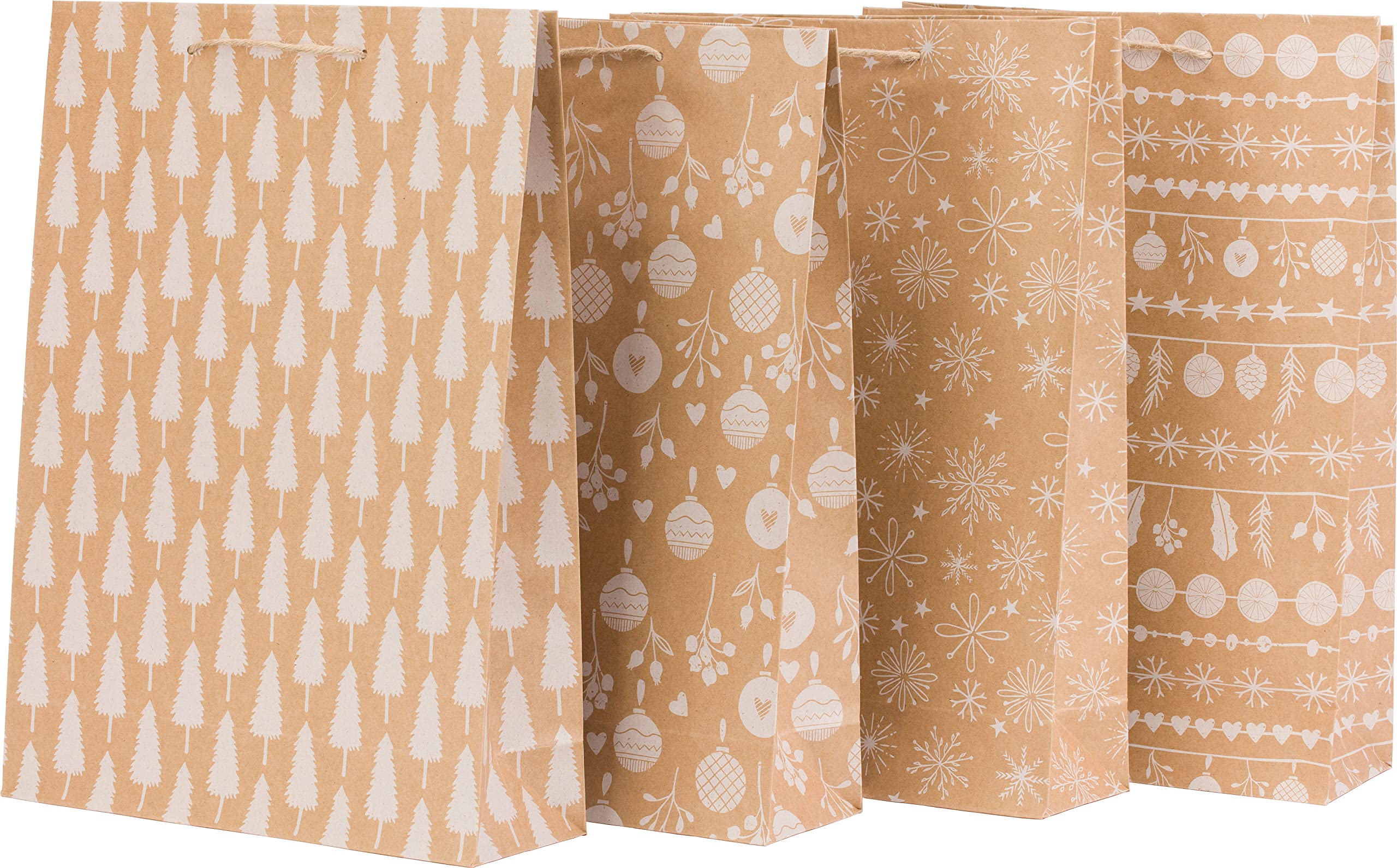 100% Mosel Sacchetti Regalo Natalizi Kraft 12 Pezzi 18x23x8 Cm - Stile Scandinavo Con Manico In Iuta - 4