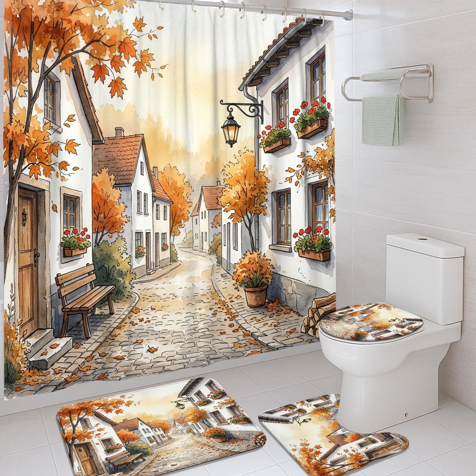 Rideau de douche automne style maison pavée pour une ambiance de chalet rustique