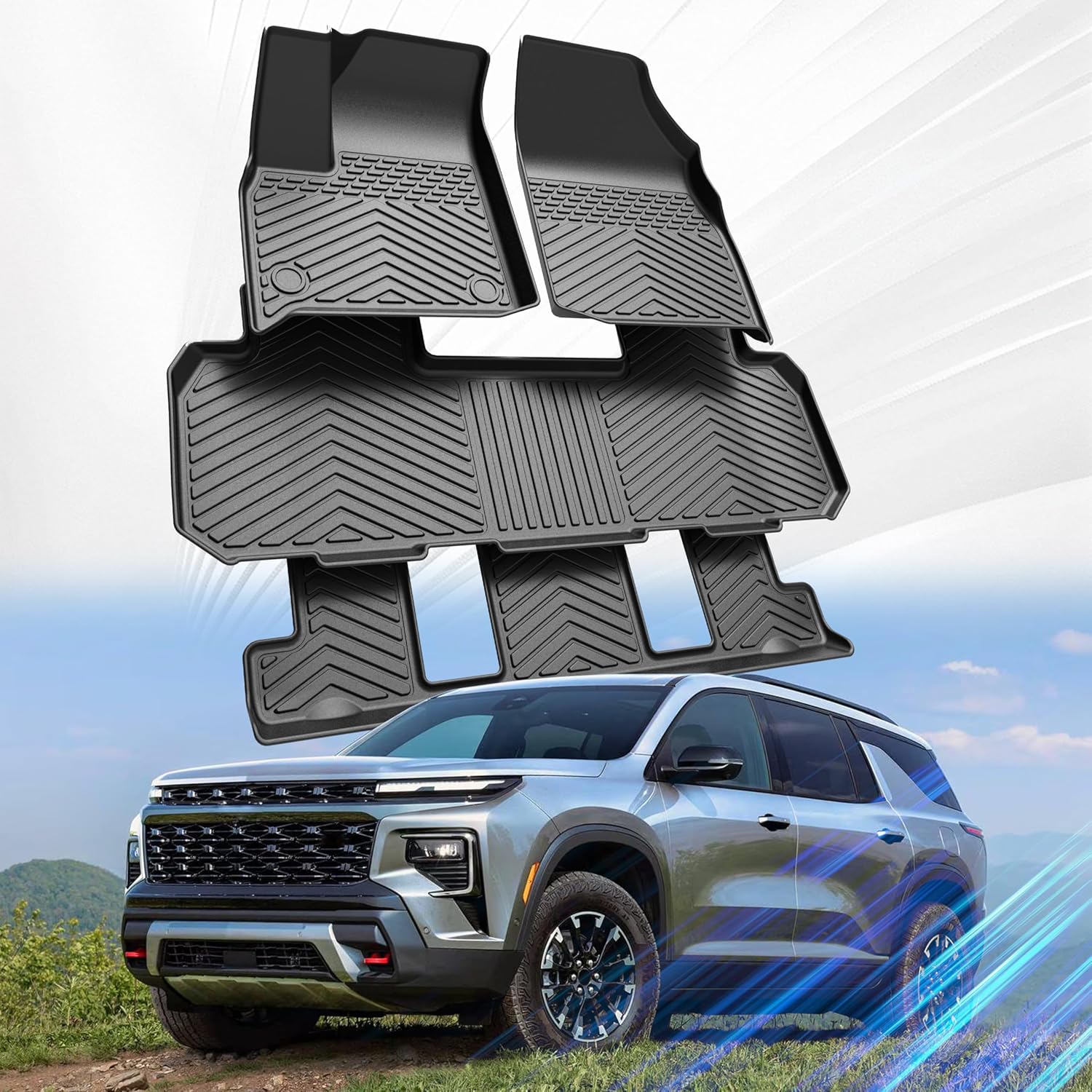 Car Floor Mats for Chevrolet Chevy Traverse 2018-2024 2025 2026 Accessories,TPE All Weather Protection Floor Mats,Only 7 Seaters Custom Fit 3 Rows Car Floor Liners Set,Heavy Duty,Black