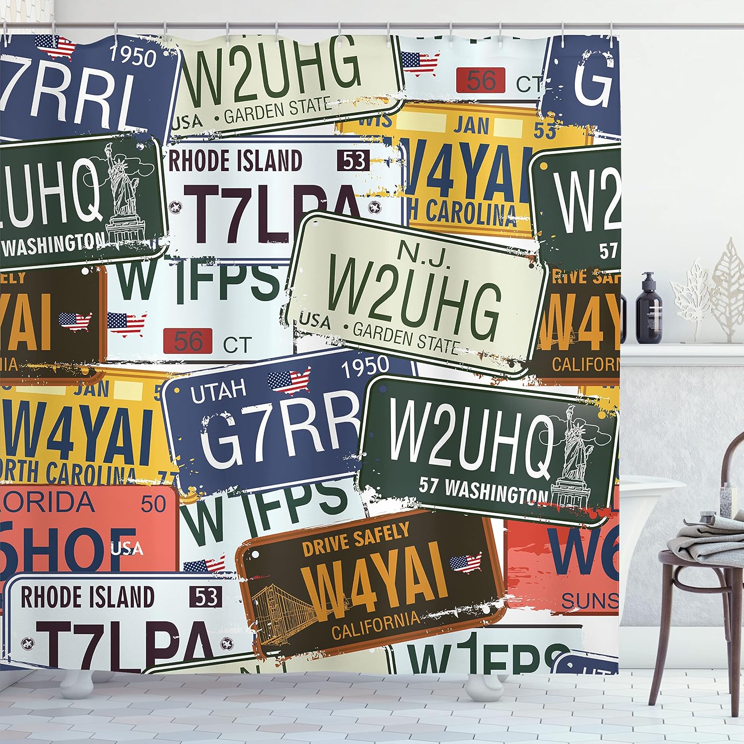 Ambesonne Vintage Shower Curtain, Original Retro Style License Plates Personalized Creative Travel Vacation, Cloth Fabric Bathroom Decor Set with Hooks, 69" W x 70" L, Green Blue Yellow