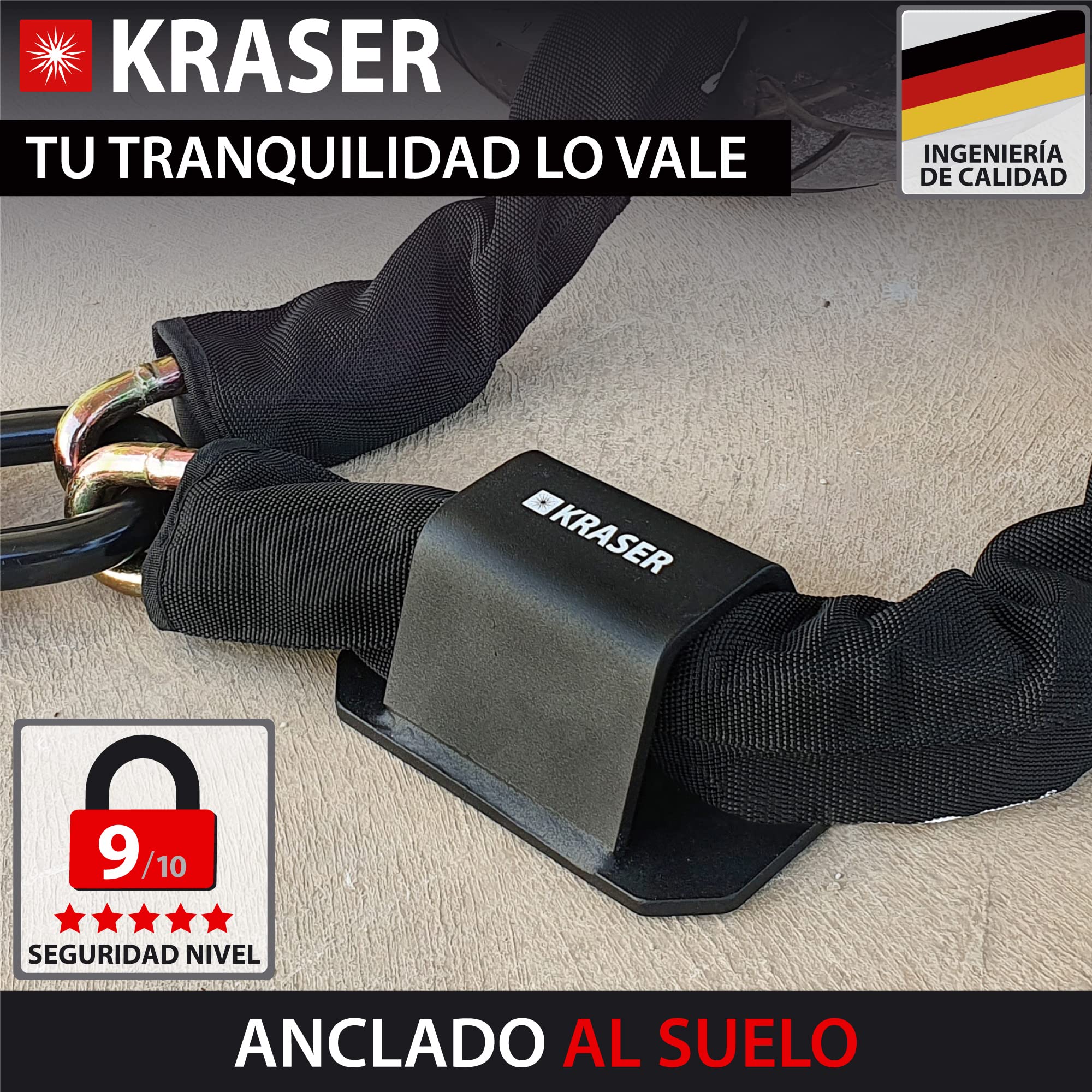 KRASER KR51B Anclaje Moto Antirrobo para Cadena hasta ø50, Acero Alta Resistencia con 2 Pernos Expansión Protegidos, Antirrobo Fijación Suelo Pared Cadena Parking Garaje Moto Remolque Scooter Bici