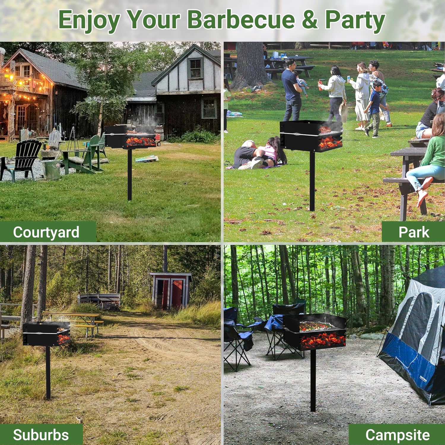 Park Style Charcoal Grill, Heavy Duty In Ground Park Grill with Stainless Steel Cooking Grate and Cover for Commercial and Outdoor Cooking 16'' L x 16'' W x 8'' H