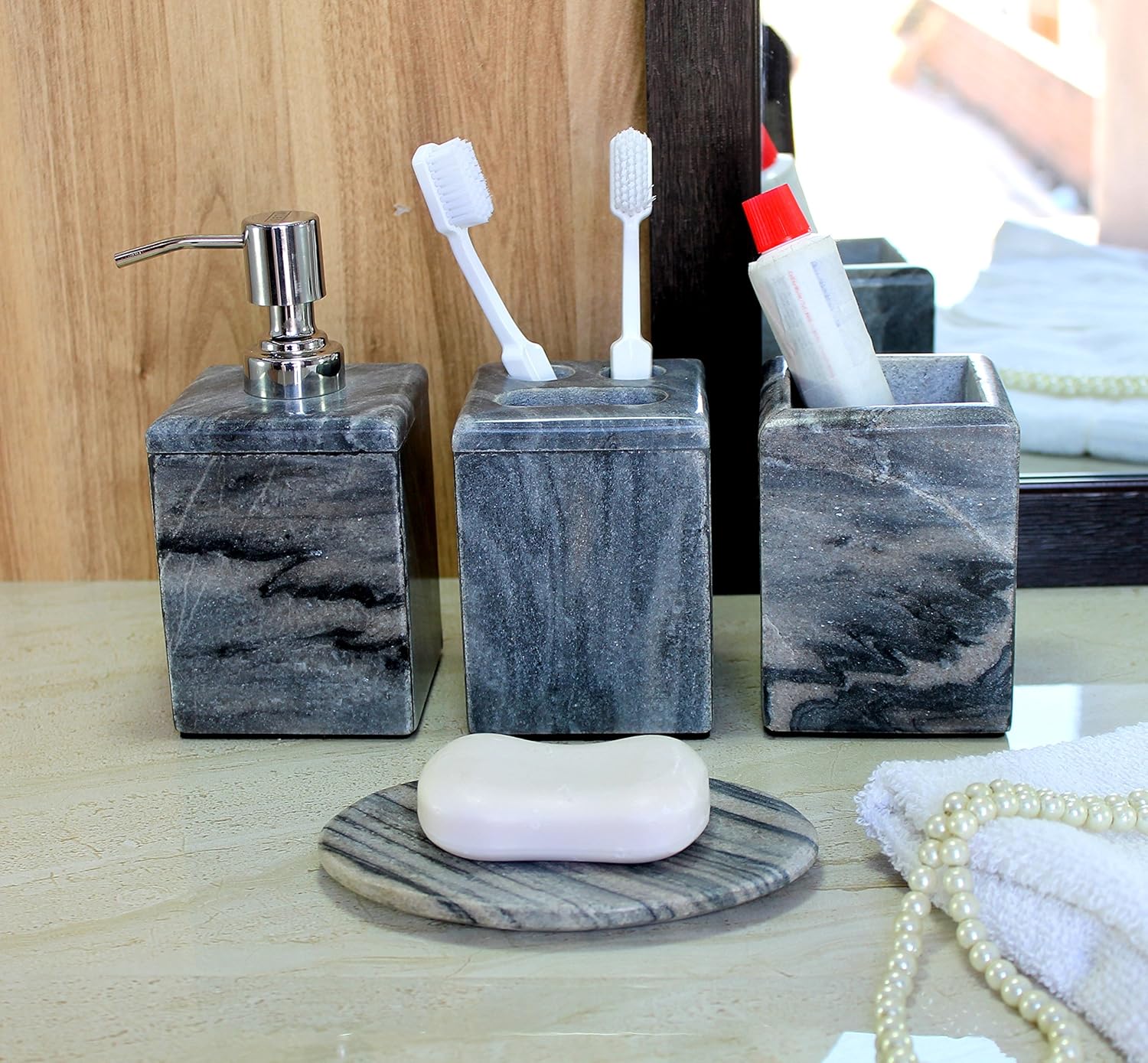 Bathroom Accessory Set Made from Natural Stone - Bath Accessories Set of 4 Includes Soap Dispenser, Toothbrush Holder, Tumbler and Soap Dish (Grey)