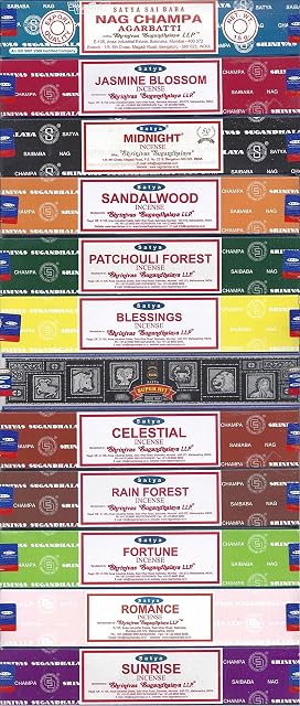Nag Champa Sunrise Sandalwood Midnight Patchouli Celestial Fortune Blessings Romance Super Hit Jasmine Blossom Rain forest by Satya Gift Set