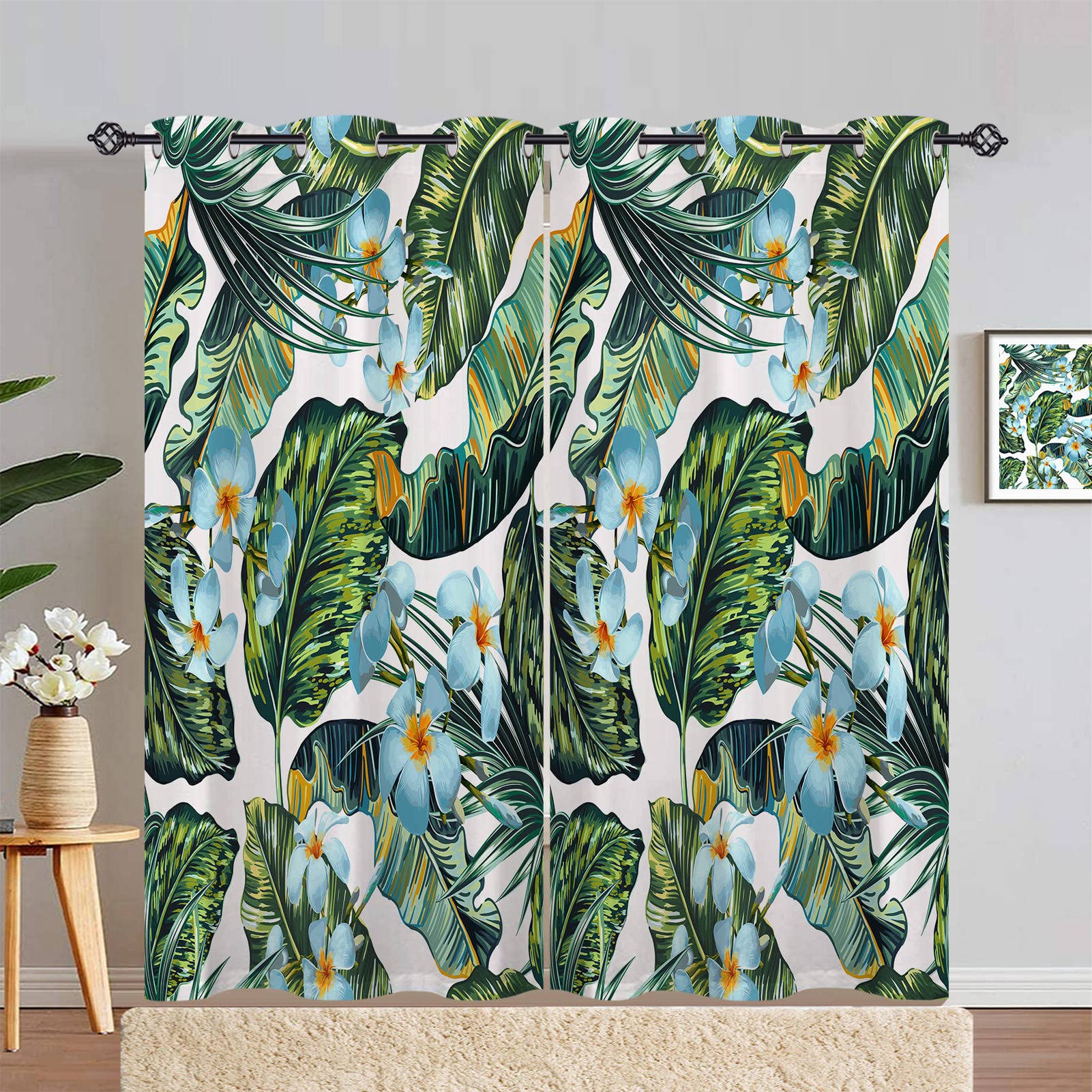 ANHOPE Tropical Leaf Curtains Eyelet Soft Thermal Insulated Blackout Curtains Jungle Palm Leaf Botanical Flower Print Pattern Ring Top Window Drapes for Bedroom Living Room 46 x 90 Inch Drop 2 Panels โ image 1