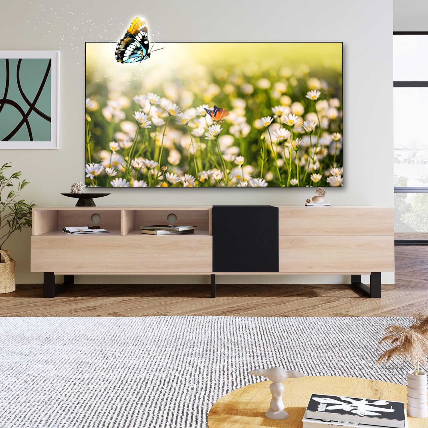 Modern TV Stand for 80 Inch TV, Natural Wood Entertainment Center with Storage Cabinet, Media TV Console for Living Room with 2 Open Compartment, 2 Cable Management Holes