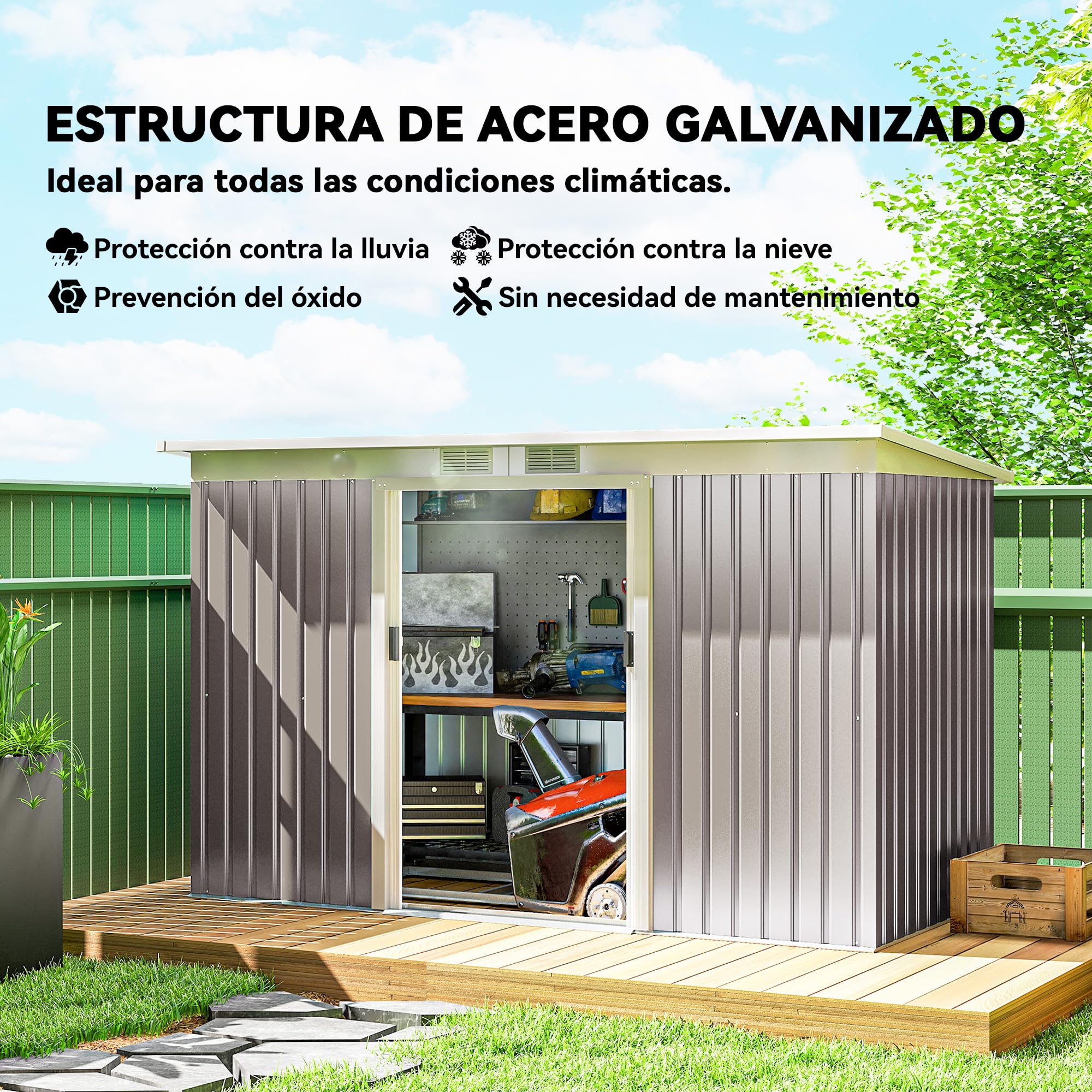 Outsunny Caseta de Jardín Exterior 3,2 m², 280x130x172 cm, Cobertizo de Jardín Exterior Metálico con Puerta Corredera, Techo Inclinado, Base Refuerzo (Suelo NO Incluido) y 2 Ventanas, Gris Claro — view 3
