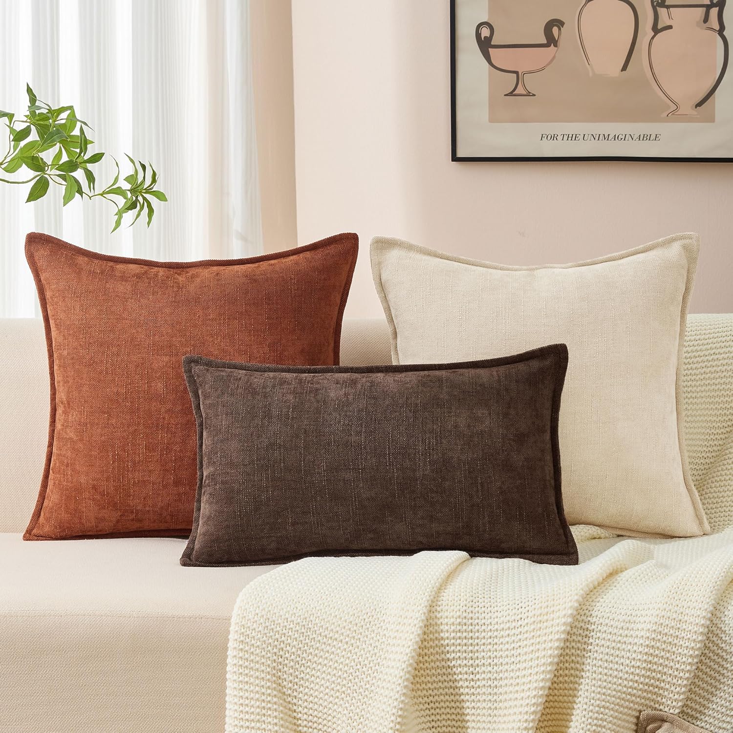 Allorry 22x22 Set of 2 Decorative Throw Pillow Covers Soft Cozy Cocoa Brown Chenille Pillow Covers Neutral Textured Solid Cushion Covers for Modern Farmhouse Sofa Bedroom Living Room Decor SY014-B22