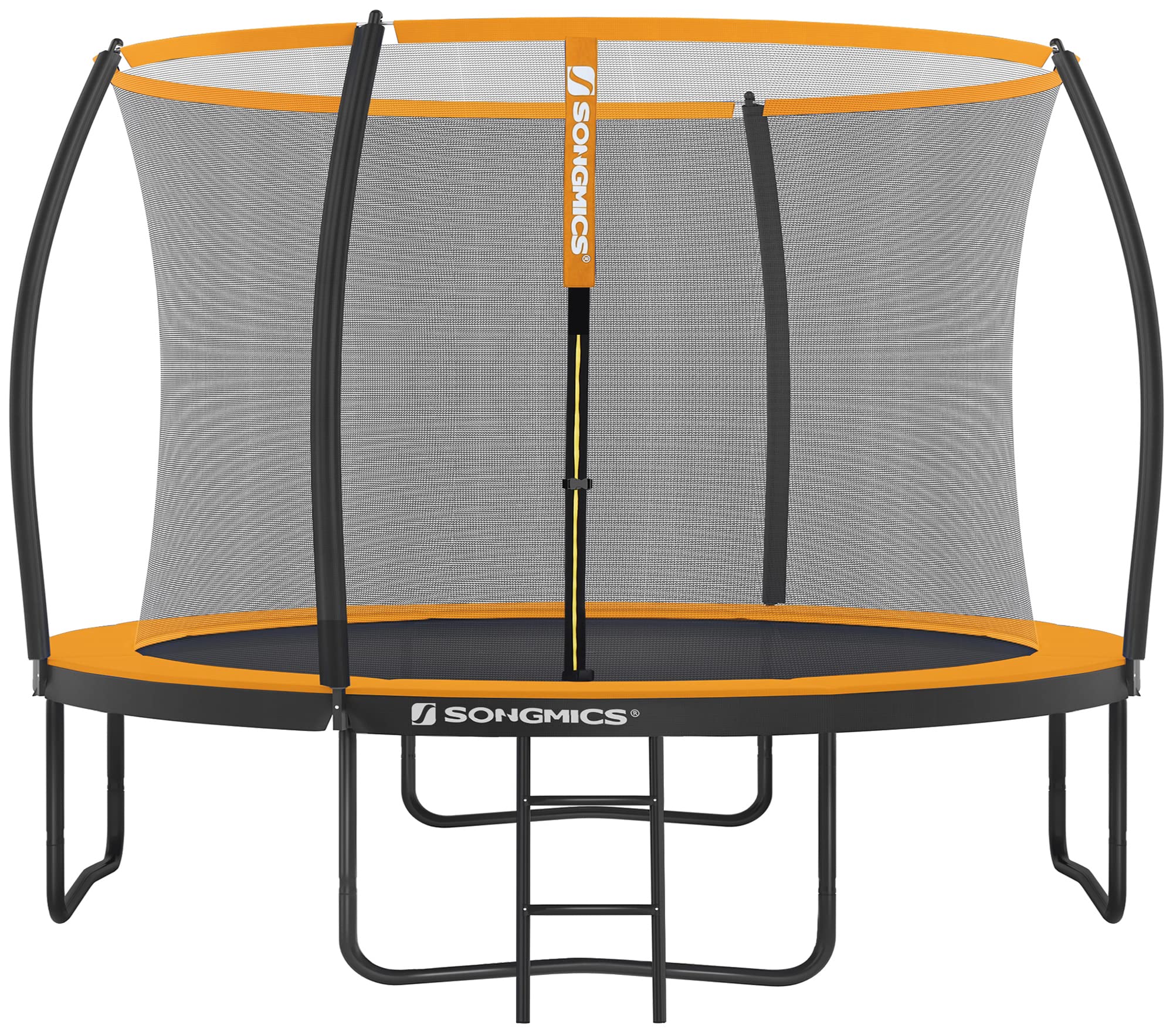 SONGMICS Trampoline Extérieur Enfant Diamètre 305 cm, Filet de Protection, Poteau Incurvé de 180 cm de Haut, Coussins de Sécurité, Échelle, Cadre en Acier, Noir et Orange STR102O01