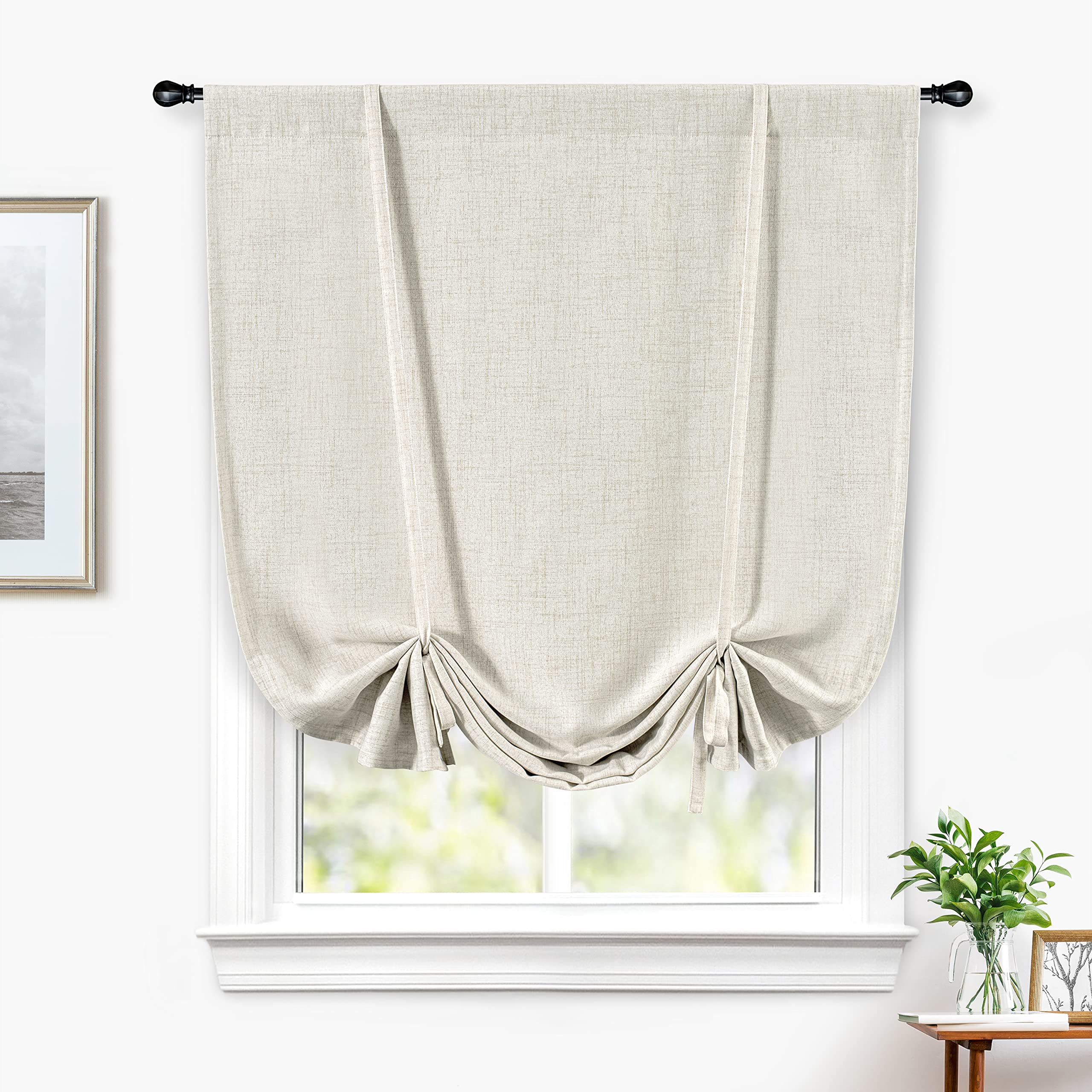 DriftAway Blackout Linen Textured Solid Basic Room Darkening Thermal Insulated Tie Up Adjustable Balloon Rod Pocket Linen Curtains for Small Window 45 Inch by 63 Inch Light Linen