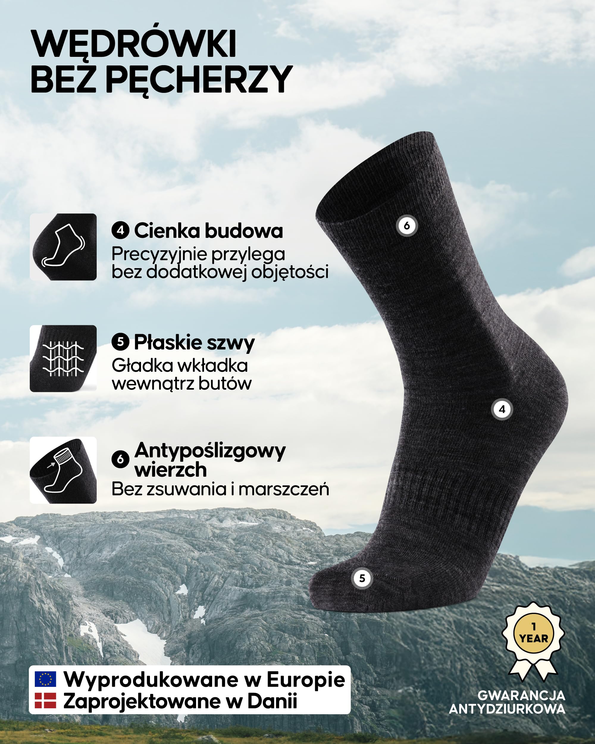 DANISH ENDURANCE Skarpety Liner Merino, Cienkie Skarpety Trekkingowe Zapobiegające Pęcherzom, Oddychające, dla Mężczyzn i Kobiet, Unisex, 2 lub 4-Pak