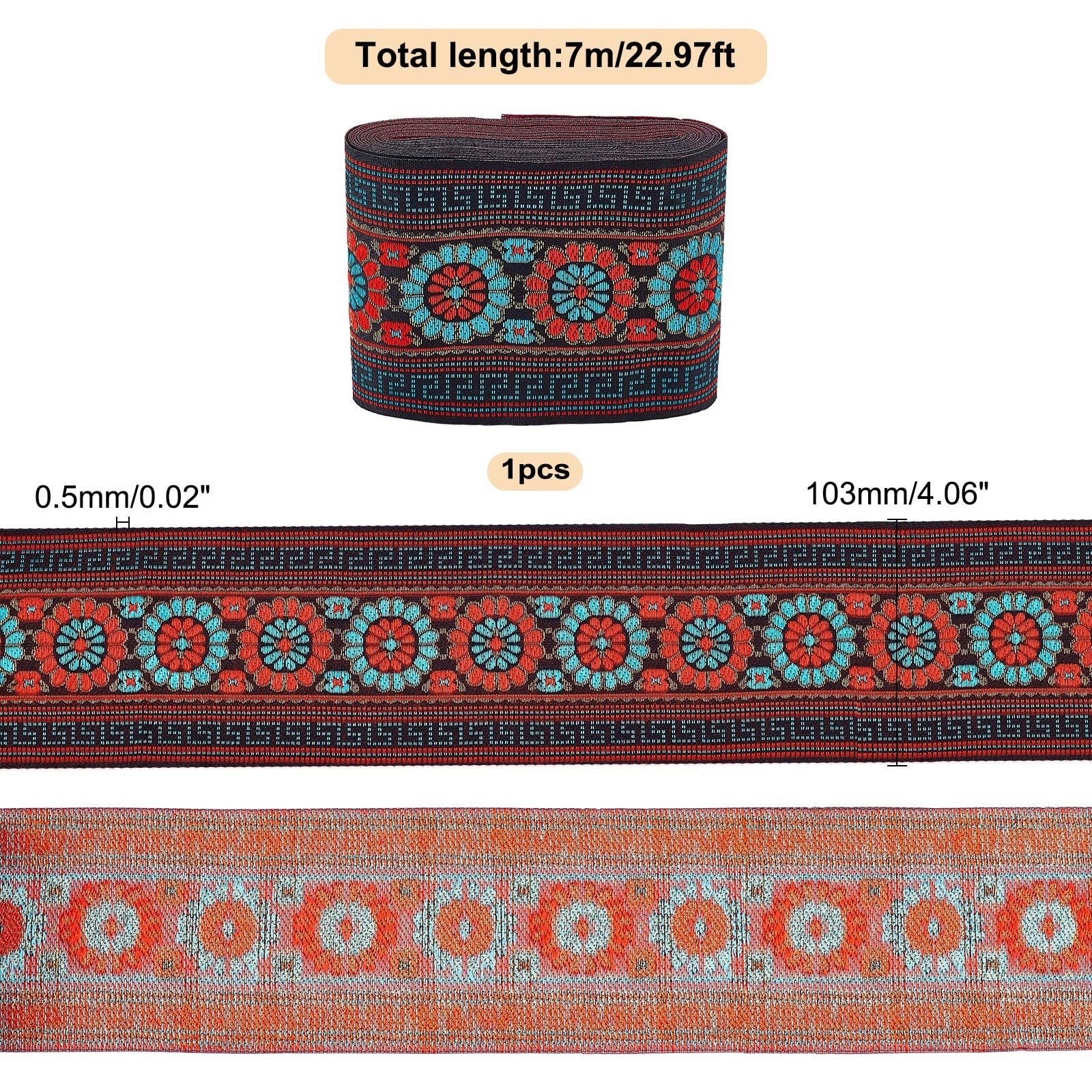 FINGERINSPIRE 7 M Vintage Stickereiband, 50 Mm Breit – Rotes Wellenmuster Im Ethnischen Stil Für Nähen & Basteln!