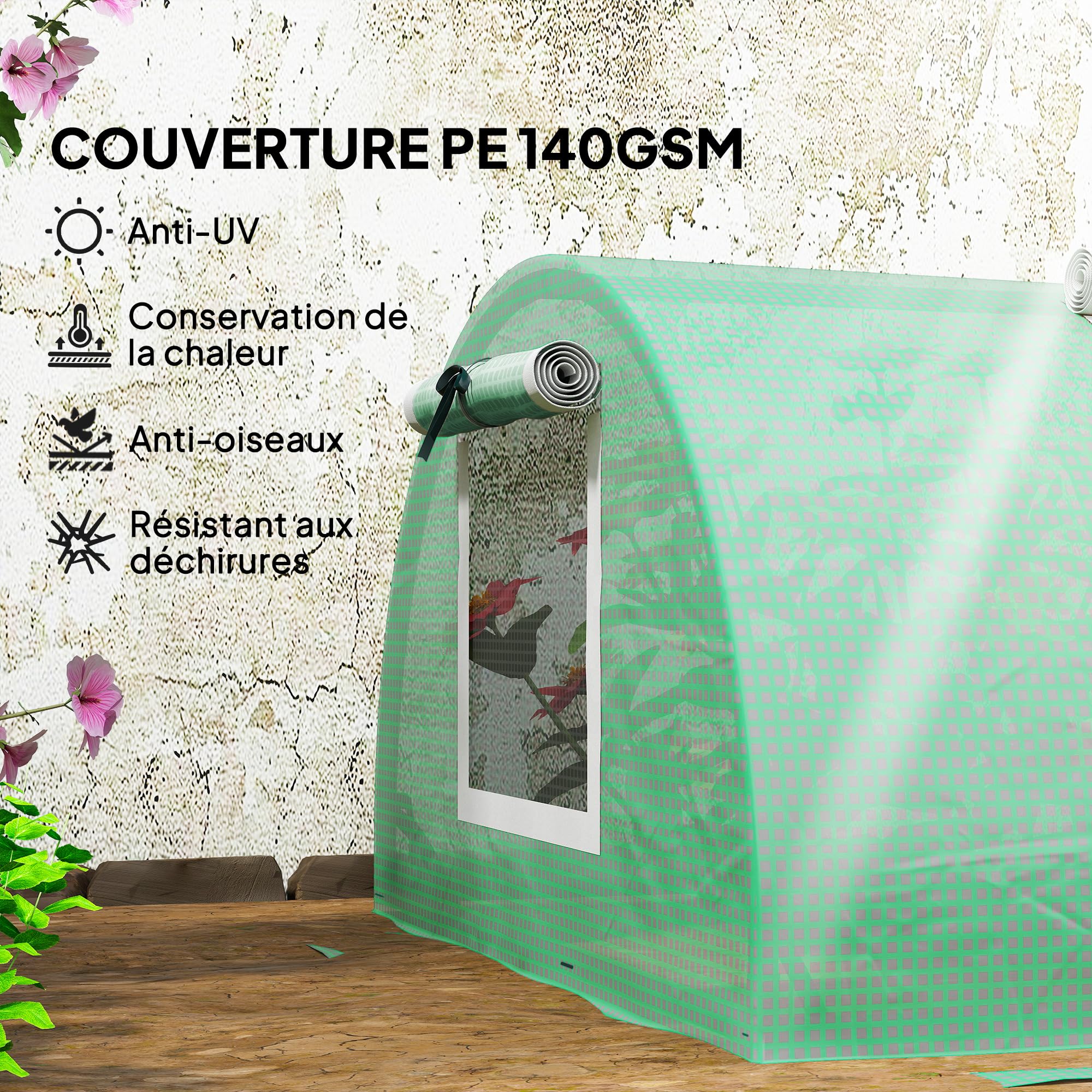 Outsunny Mini Serre de Jardin Mini Serre Tunnel à tomates 300 x 80 x 45 cm Acier PE Haute densité 140 g/m² Anti-UV 5 Portes en Filet enroulables Vert