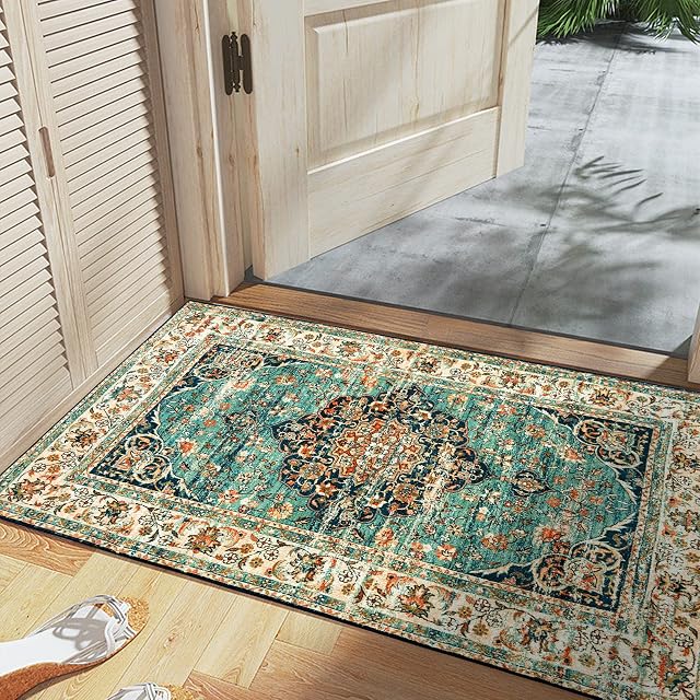 CHOSHOME Washable Rugs Small Non Slip Area Rugs for Bedroom Vintage Boho Rug Soft Short Pile Rug Machine Washable Rugs Living Room Indoor Entry Floor Rug Non Shedding Dense 60x110CM Rugs Blue