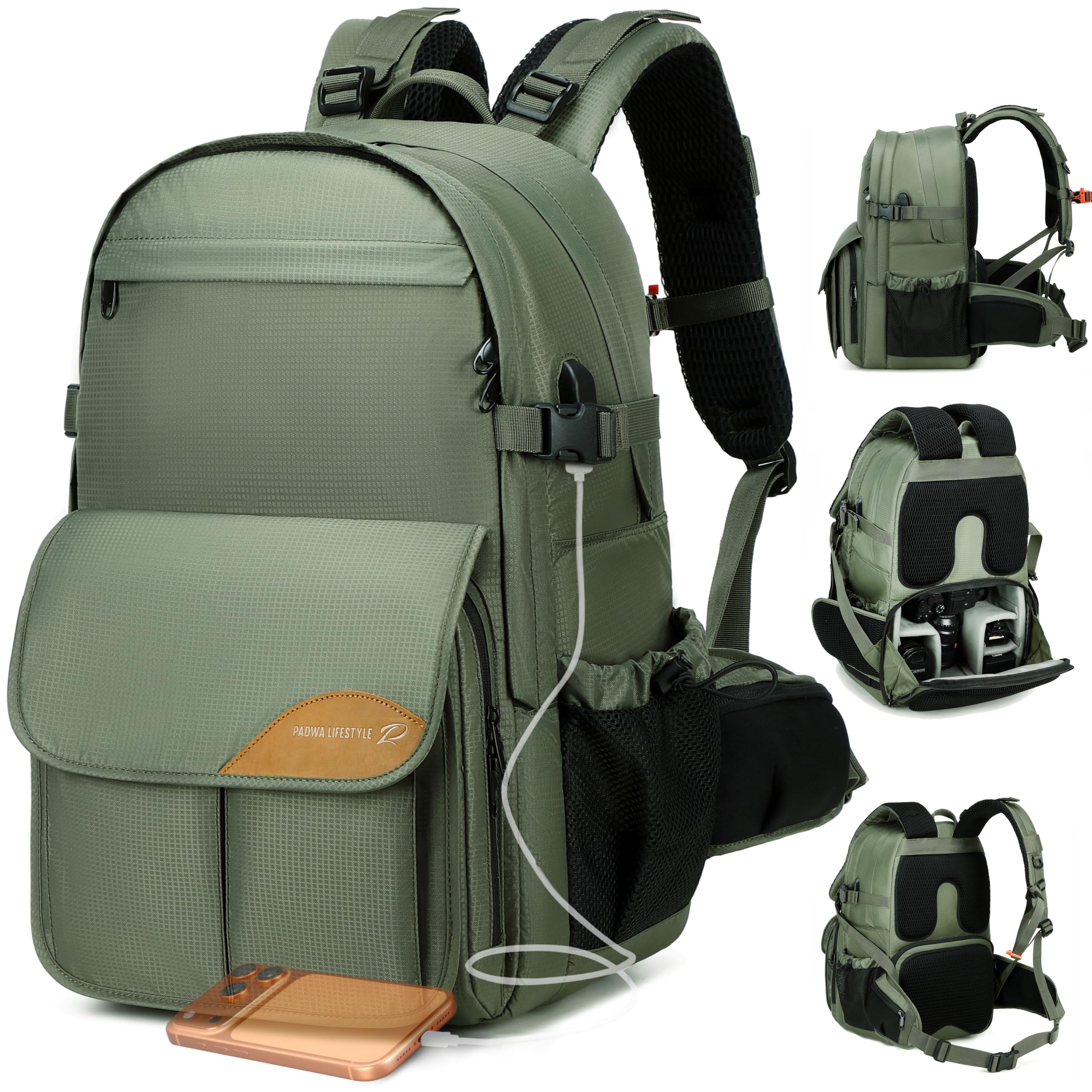 Padwa Lifestyle Professional Camera Backpack - Large Capacity Photography Camera Bag with Thick Padded Comfort Strap and Wide Waist, Versatile Photographer,Multi Cameras,Lensas,a Laptop(Green Nylon)