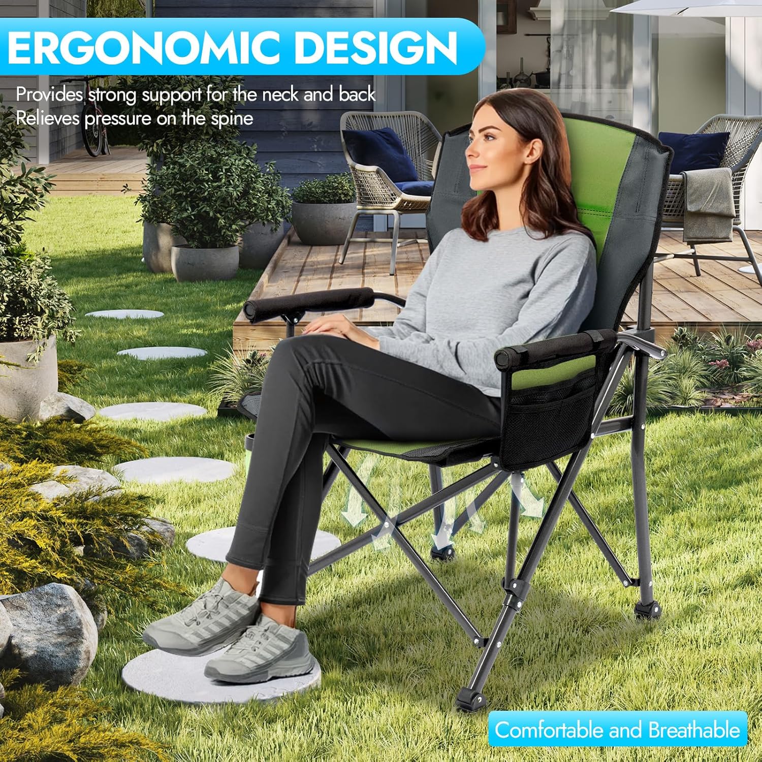 2 Pack Oversized Folding Camping Chair for Adults, Supports 450 LBS Camping Chairs, Heavy Duty Camping Chair with Side Pockets, Foldable Outdoor Chair for Camping, Beach, Fishing, Hiking, Green-Black - Image 6