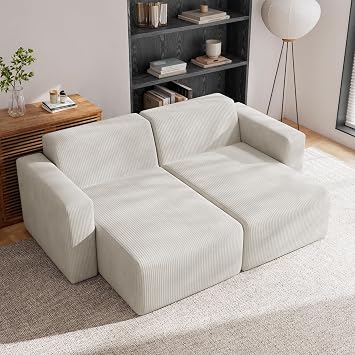 87" Oversized Double Chaise Lounge, Fully Assembled Cloud Upholstered Boneless Sofa Bed, Corduroy Sleeper Sofa Indoor Deep Seat Couch Plush Loveseat Chair Bed for Living Room Bedroom - Beige