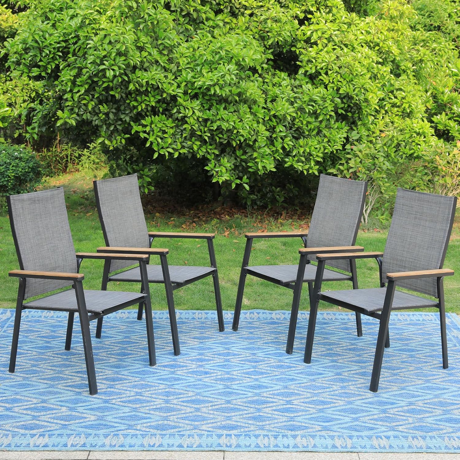 PHI VILLA Outdoor Stackable Chairs, Patio Chairs Set of 6, Light Weight Aluminum Frame with Textilene Fabric & Wood Armrest, High Back Deck Chairs for Poolside Lawn Garden, Gray