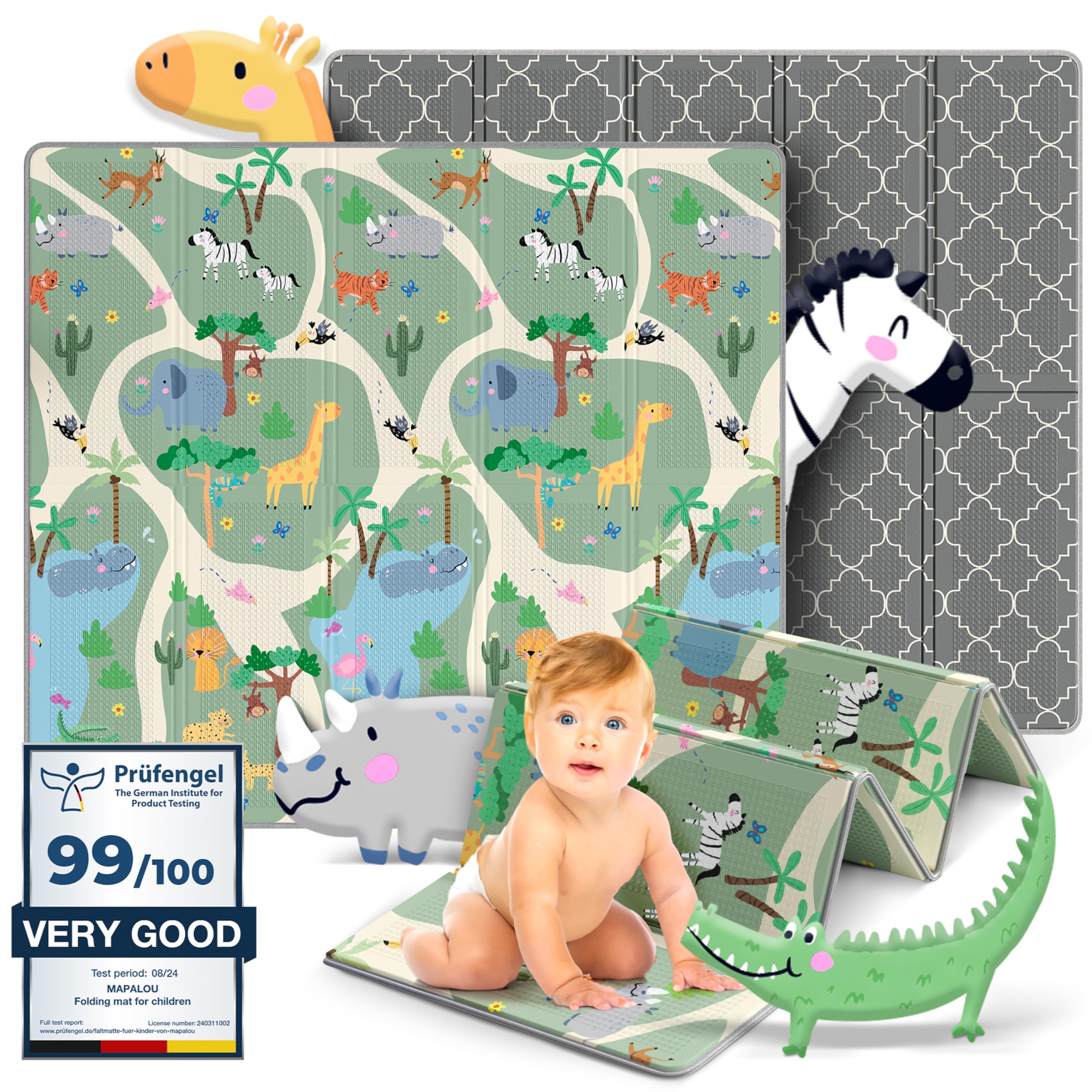 Tappeto Gioco Bambini Pieghevole – Tappeto Gioco Neonato, Tappeto Neonato Gattonamento, Tappeto Tummy Time Neonati, Tappetone Neonato Morbido, Tappeto Gomma Bambini, 180x200cm - Safari