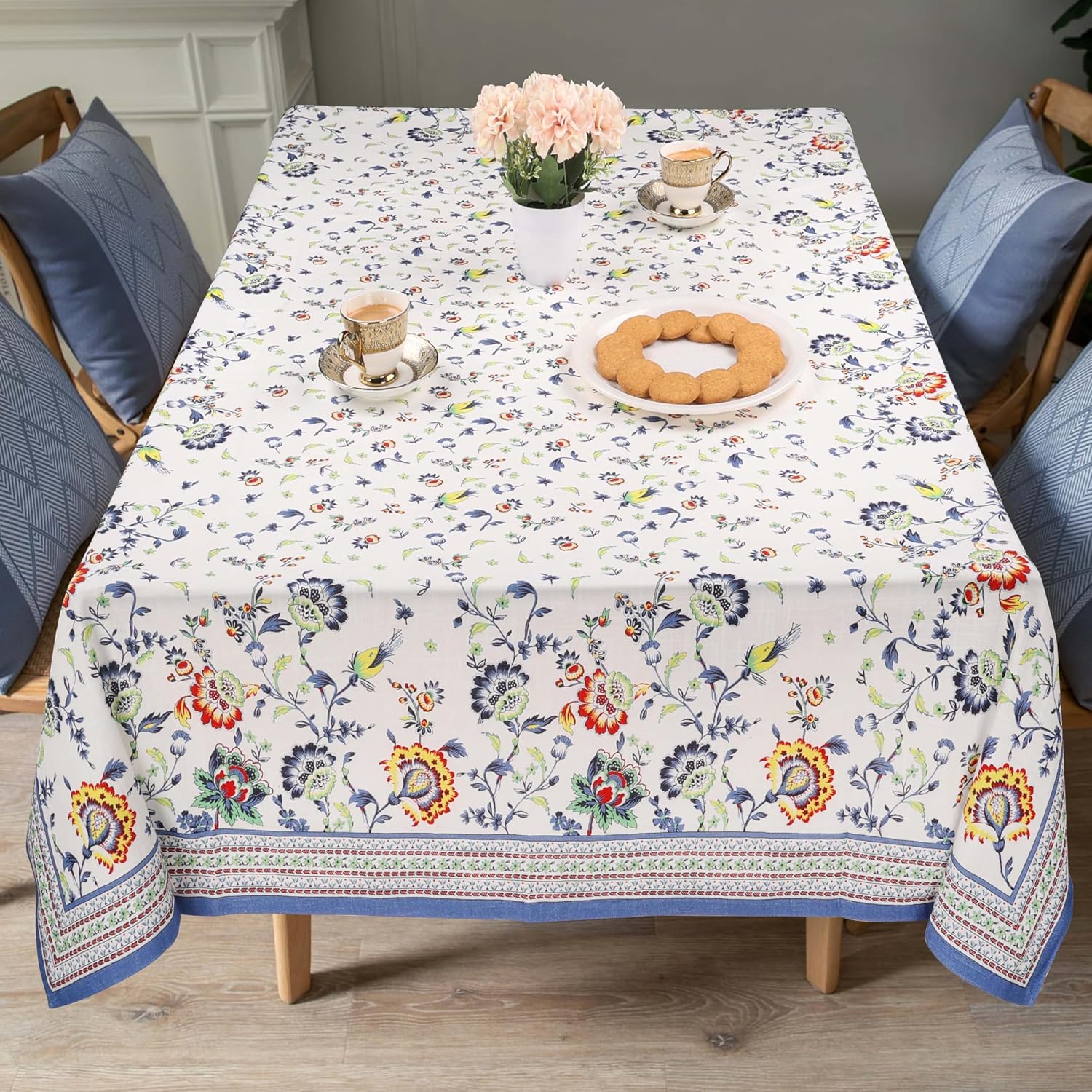 FINGERCRAFT Tablecloth 100% Cotton High GSM Floral Table Cover Washable Decorative Linen for Home Camping Outdoor Picnic Dining Table 54 x 72 Inch Blue Floral