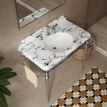 36 Console Bathroom Sink, Freestanding Console Sinks With Stainless Brushed Chrome Legs and Towel Bar, Panda White Artificial Marble Top, Undermount Ceramic Vanity Basin with Silver Leg