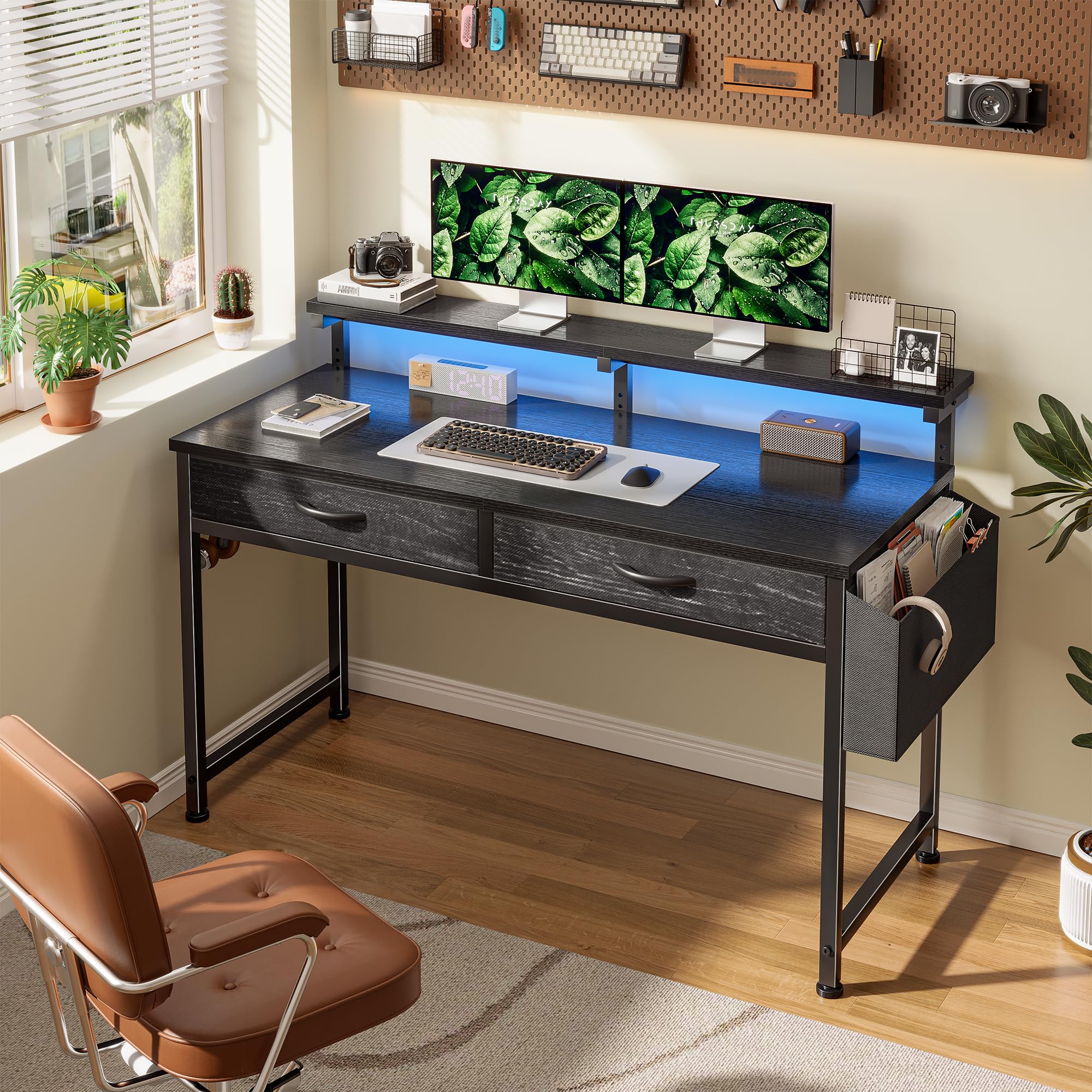 Escritorio con Luces LED y 2 Cajones, 100x50 cm Mesa Gaming con Soporte para Ganchoy Bolsa Lateral, Escritorio RGB con Gancho para Oficina en Casa, Oficina y Habitación Juvenil, Negro