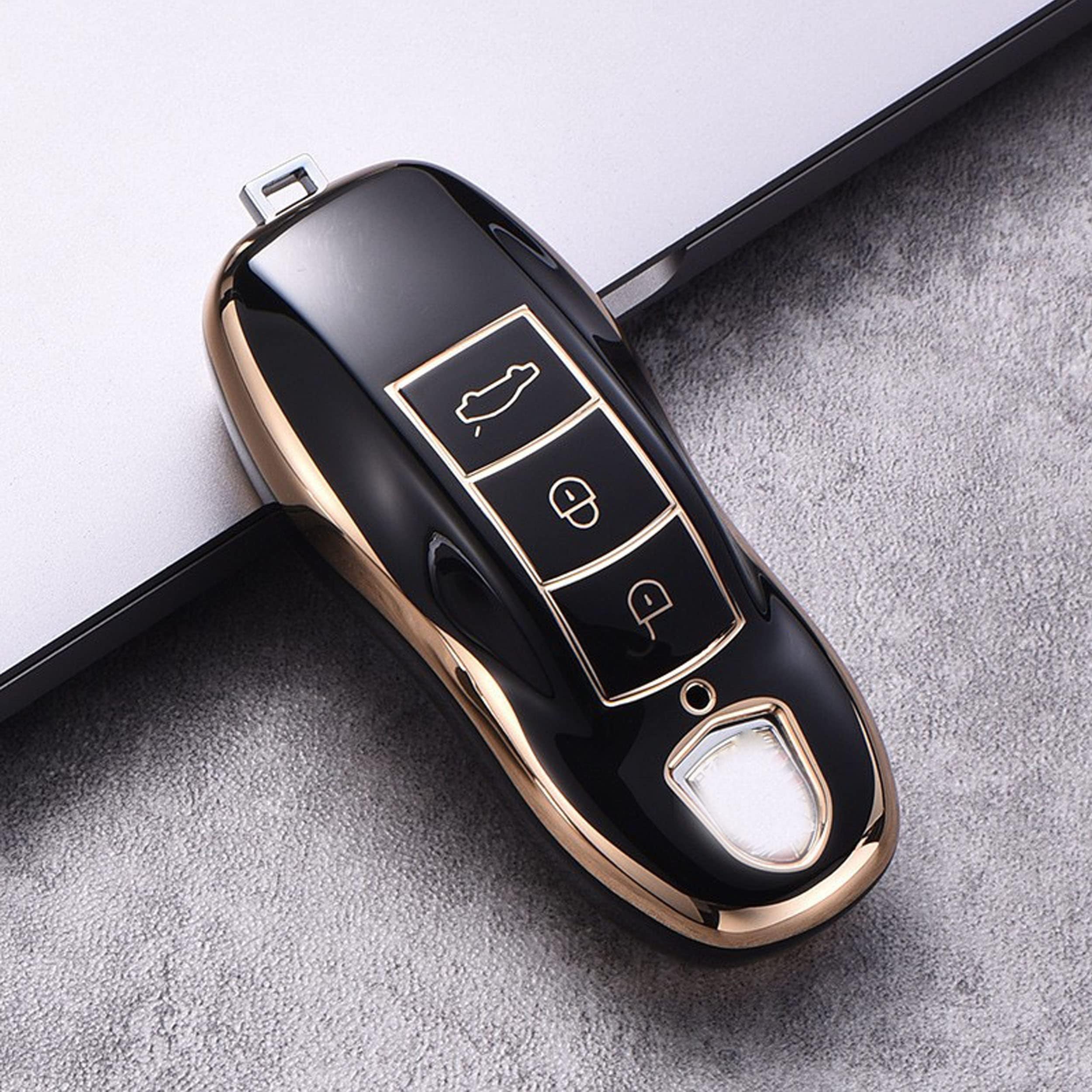 for Porsche Key Fob Cover Case TPU Keyless Remote Control Smart Key Fob Shell Fit for Porsche 911 Cayenne Panamera Macan (Black)