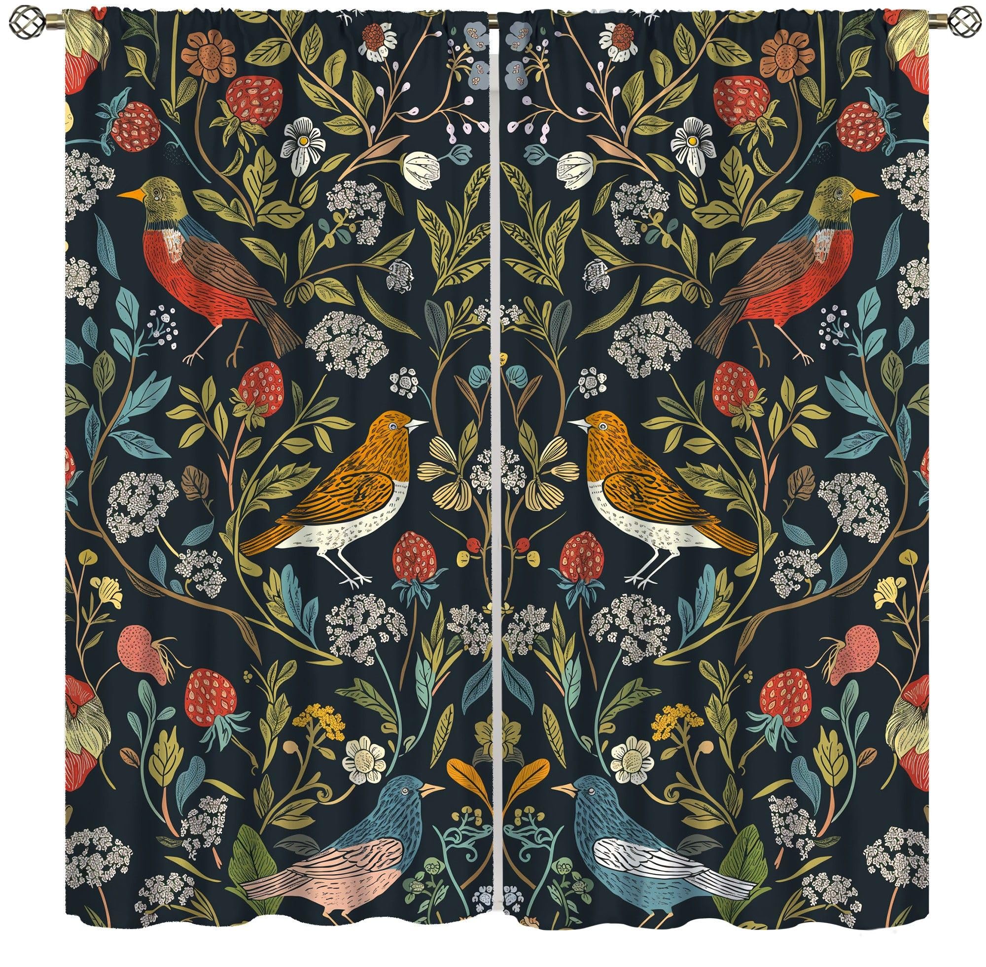 AAVEUP Rustic Vintage Bird Curtains for Bedroom,William Morris Old Plant Flower Leaf Bird Window Drapes for Boys Girls Living Room Kitchen 42x45in（No