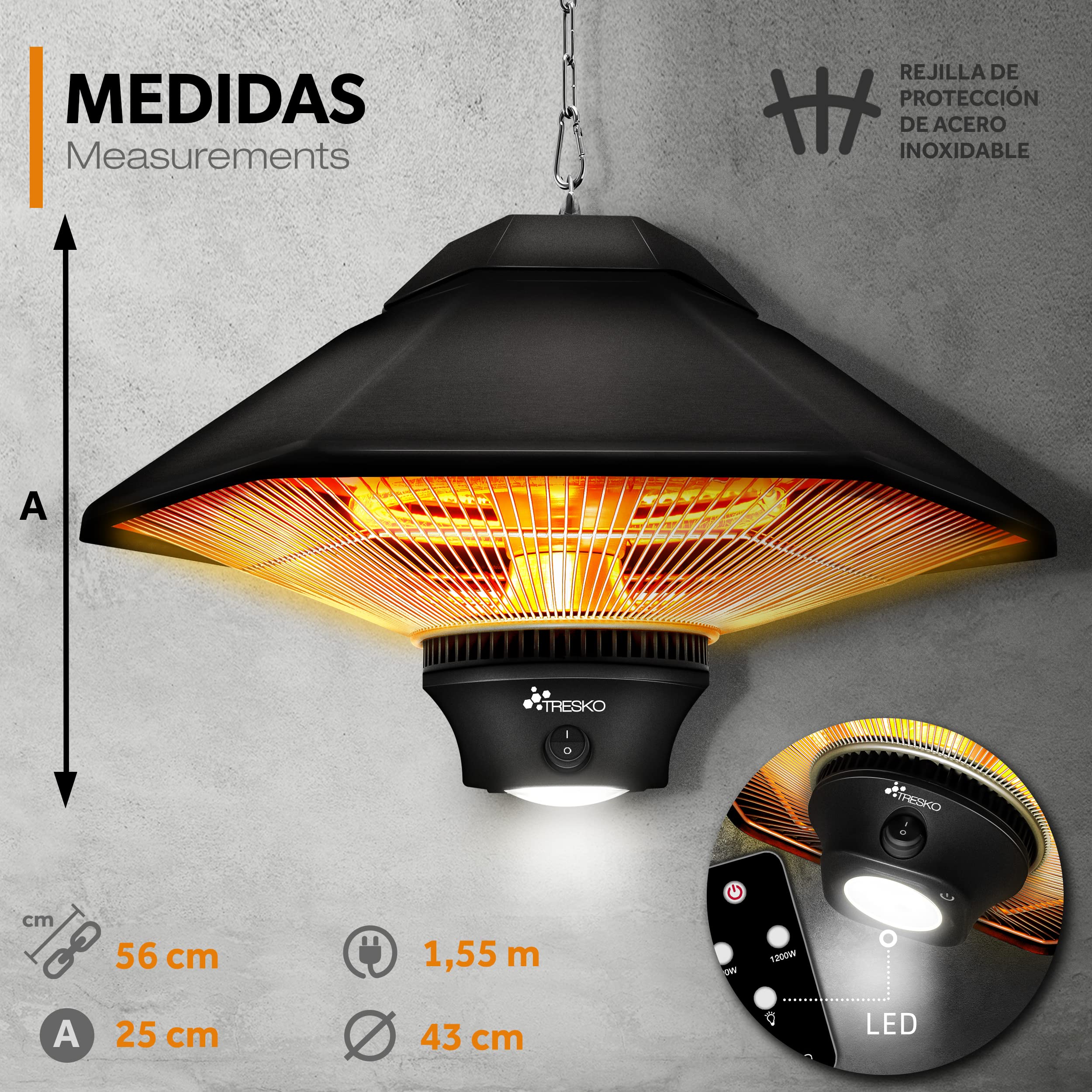 TRESKO Calefactor por Infrarrojos de Pared | 1200W + Control Remoto + Pantalla LED | Estufa Radiante de Terraza con 2 Temperaturas | Radiador Eléctrico para Exterior e Interior | Calentador de Techo