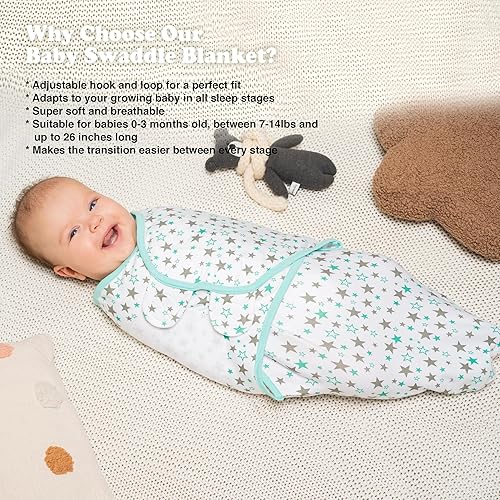 Miniatura 5 de Manta de bebé para niños y niñas, paquete de 3 pañales de tamaño mediano para recién nacidos de 0 a 3 meses, saco de dormir ajustable para bebés,