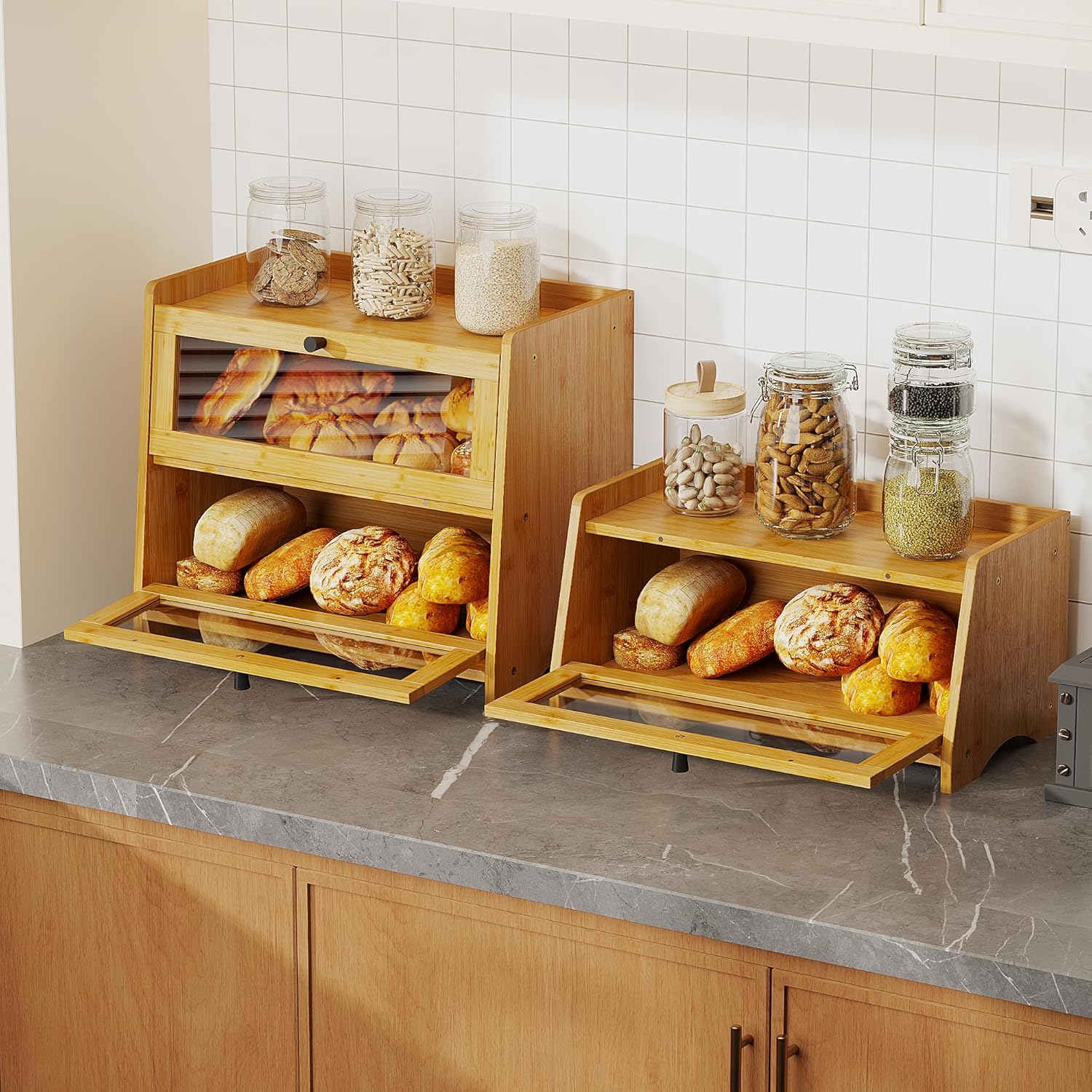 BAMBANG Bread Box for Kitchen Countertop, Extra Large Bamboo Bread Storage Container for Homemade Bread, Double Layer Sourdough Breadox, Bread Bin Organizer for Counter Cabinet Pantry, Natural