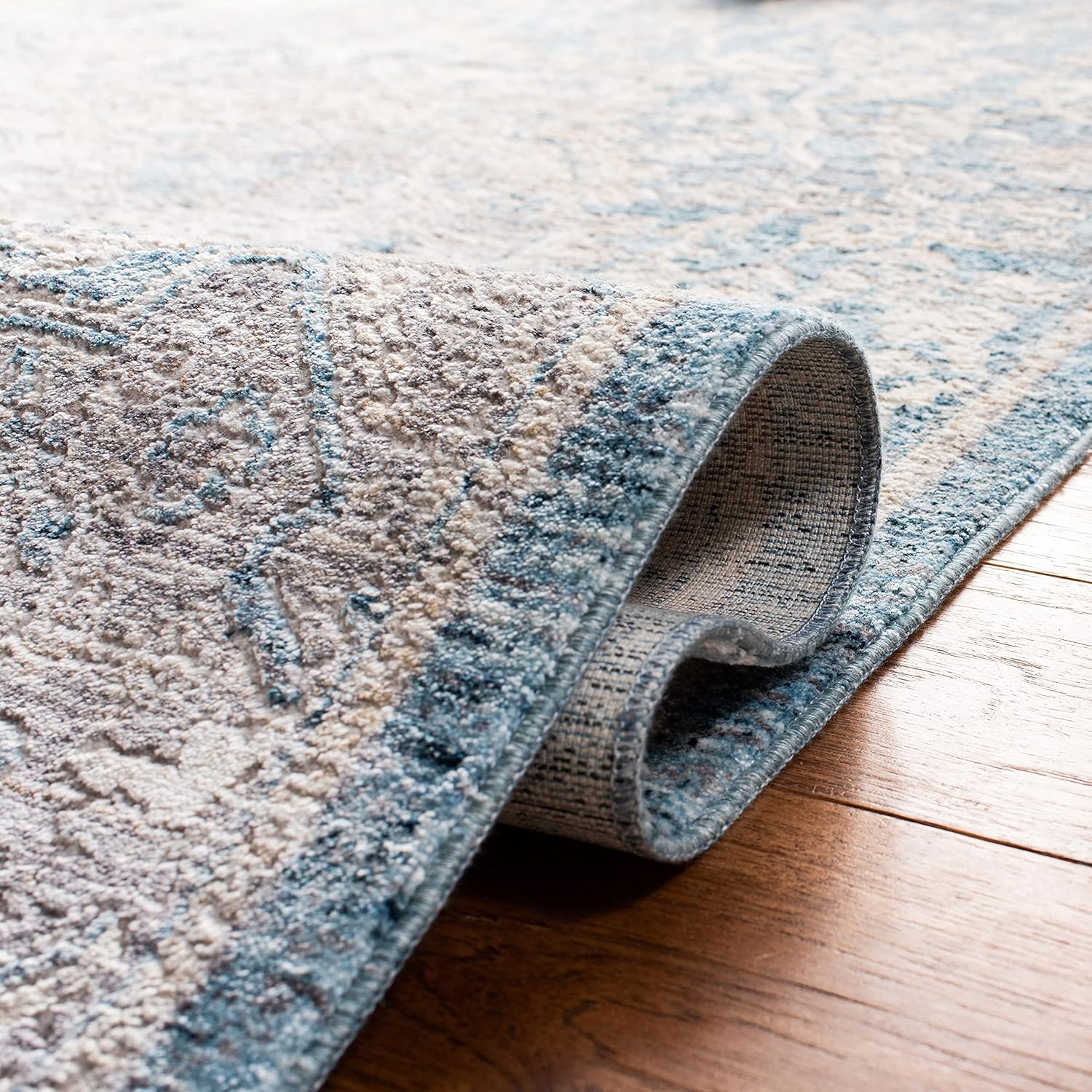 SAFAVIEH Dream Collection Area Rug - 6'7" Square, Blue & Grey, Vintage Oriental Distressed Viscose Design, Ideal for High Traffic Areas in Living Room, Bedroom (DRM412M)