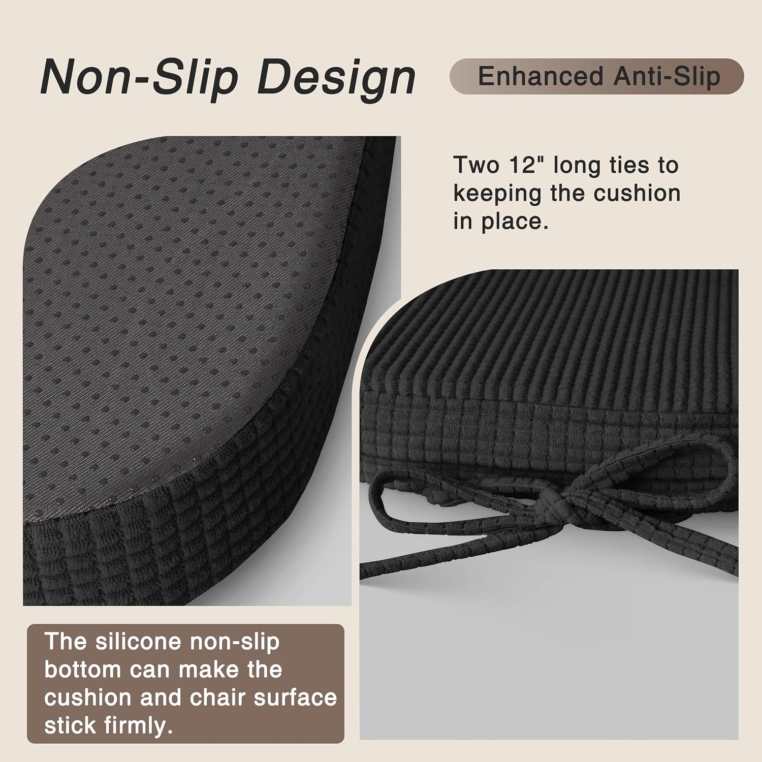 OVOV 14"x14" Chair Cushions with Ties and Washable Cover Set of 2 Black | Non-Slip, for Metal Chairs, Textured, Machine Washable, High-Density Foam, for Dining Room Kitchen Indoor Bistros Cafes