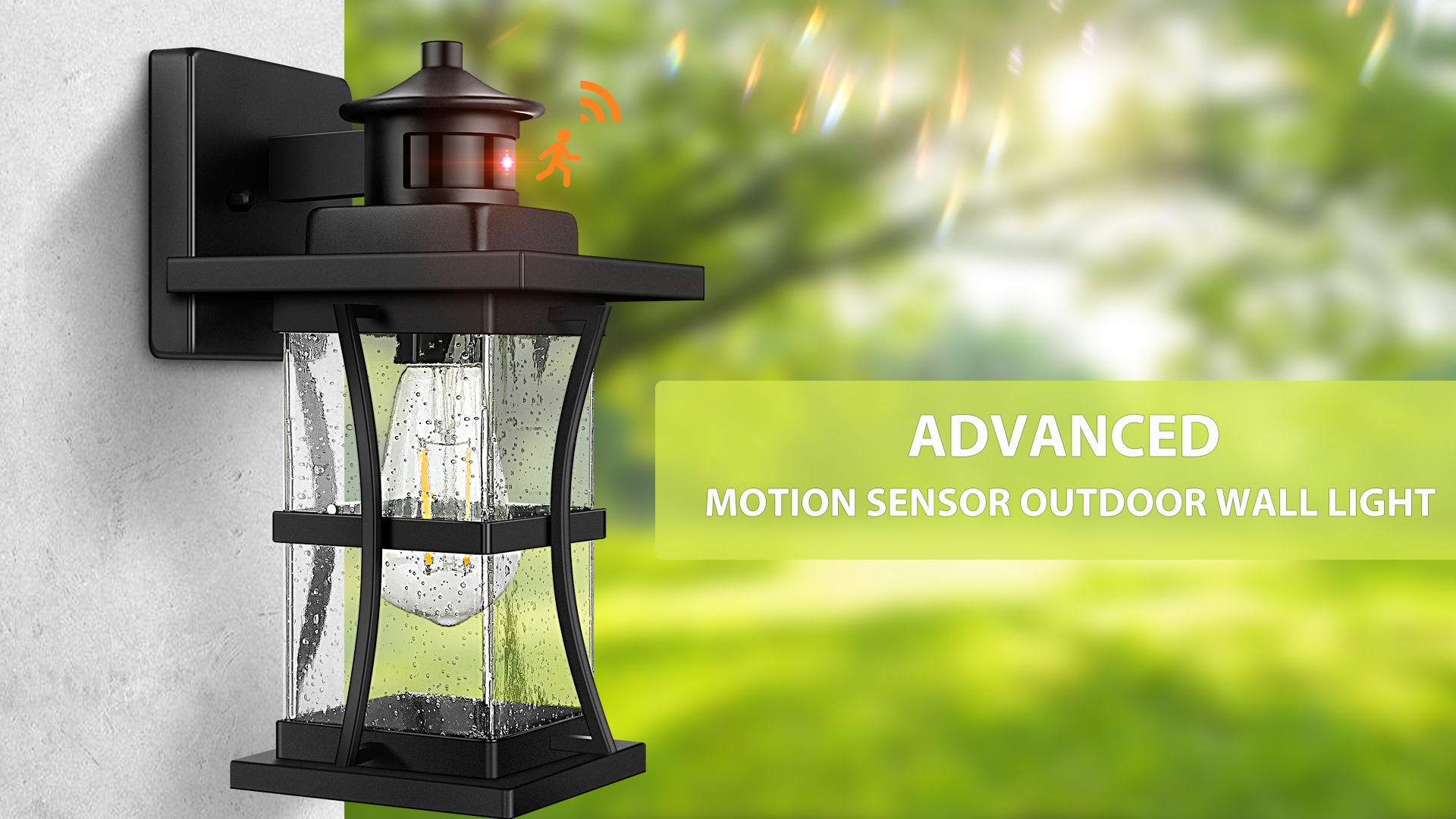 Image of Motion Sensor Outdoor Wall Lights Fixture, Advanced Dusk to Dawn Exterior Lighting, Outside Light for House, Garage, Anti-Rust Waterproof Front Porch Lanterns Fixtures Wall Mount, Seeded Glass, Black